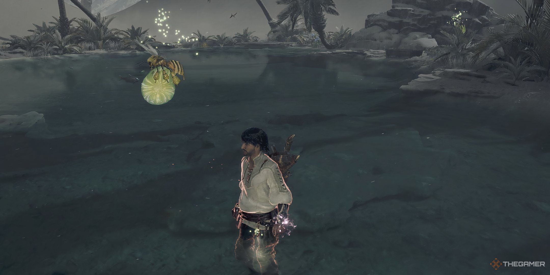 The image shows the Hunter standing next to a Vigorwasp at the Oasis in Monster Hunter Wilds.