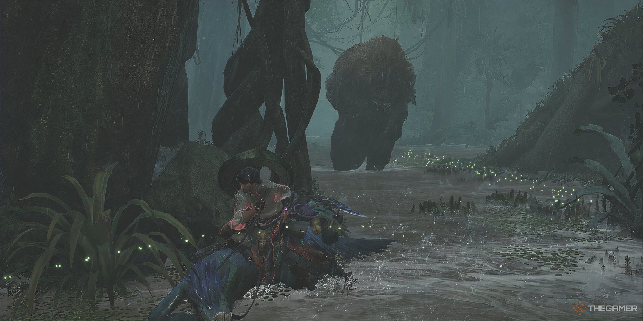 The image shows that the Hunter is approaching a Doshaguma in Scarlet Forest in Monster Hunter Wilds.