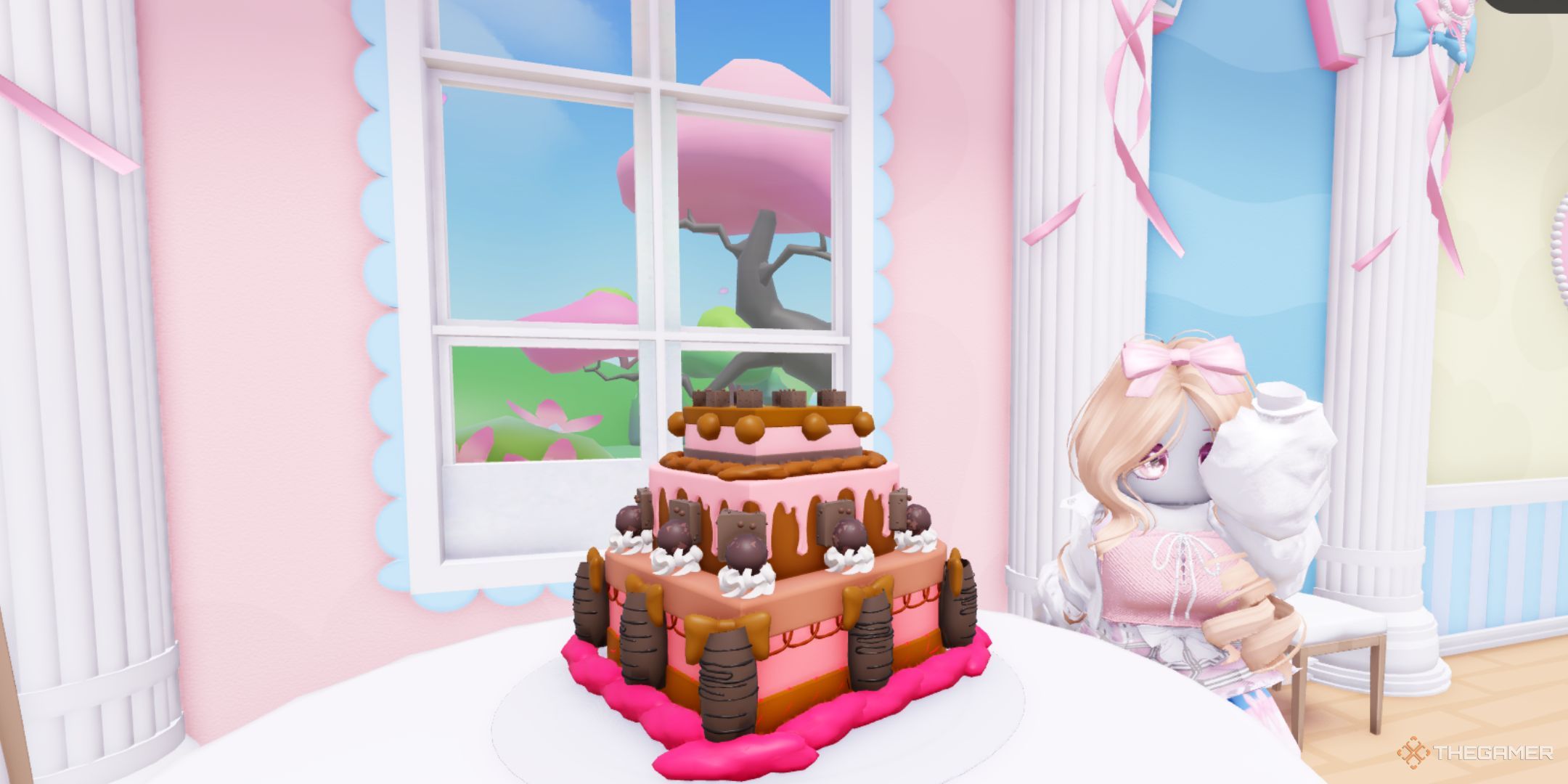 A player is standing next to a winning cake in Roblox Cake Off.