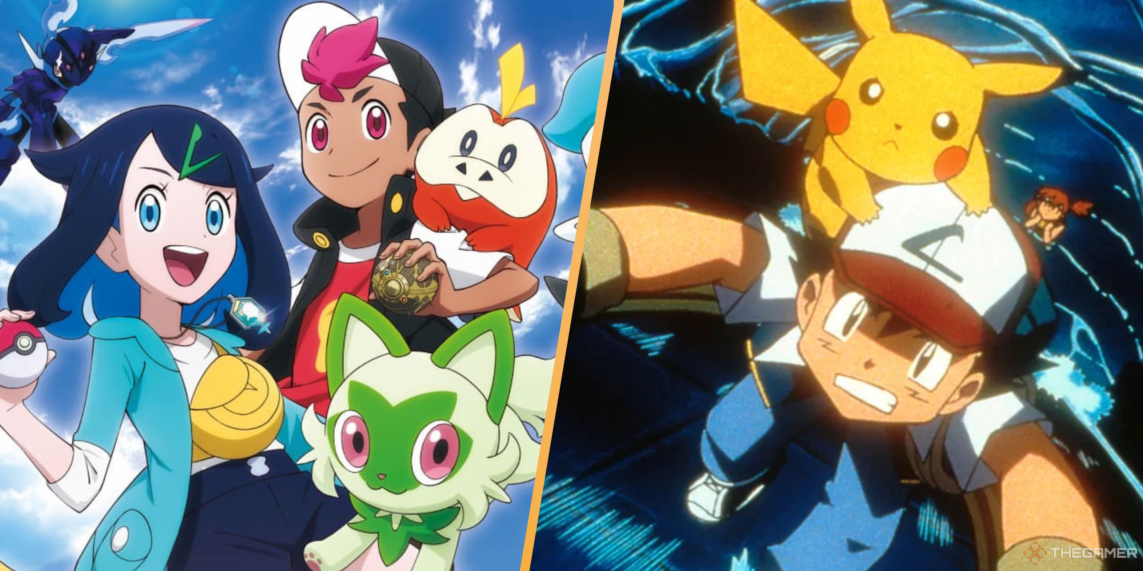 liko and roy with their partner pokemon in horizons, and ash and pikachu in the original anime.