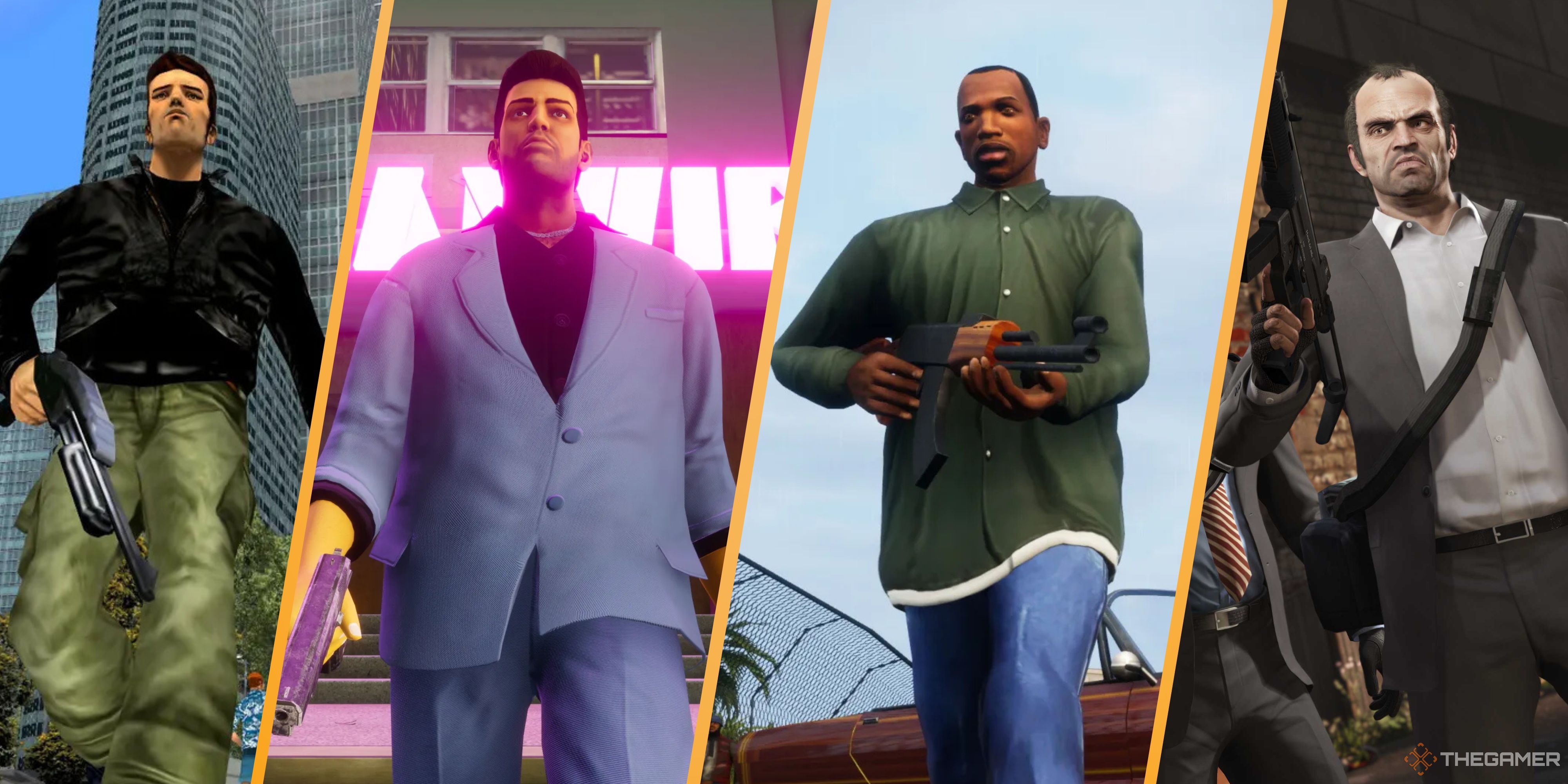 lead characters in gta 3, vice city, san andreas and 5.