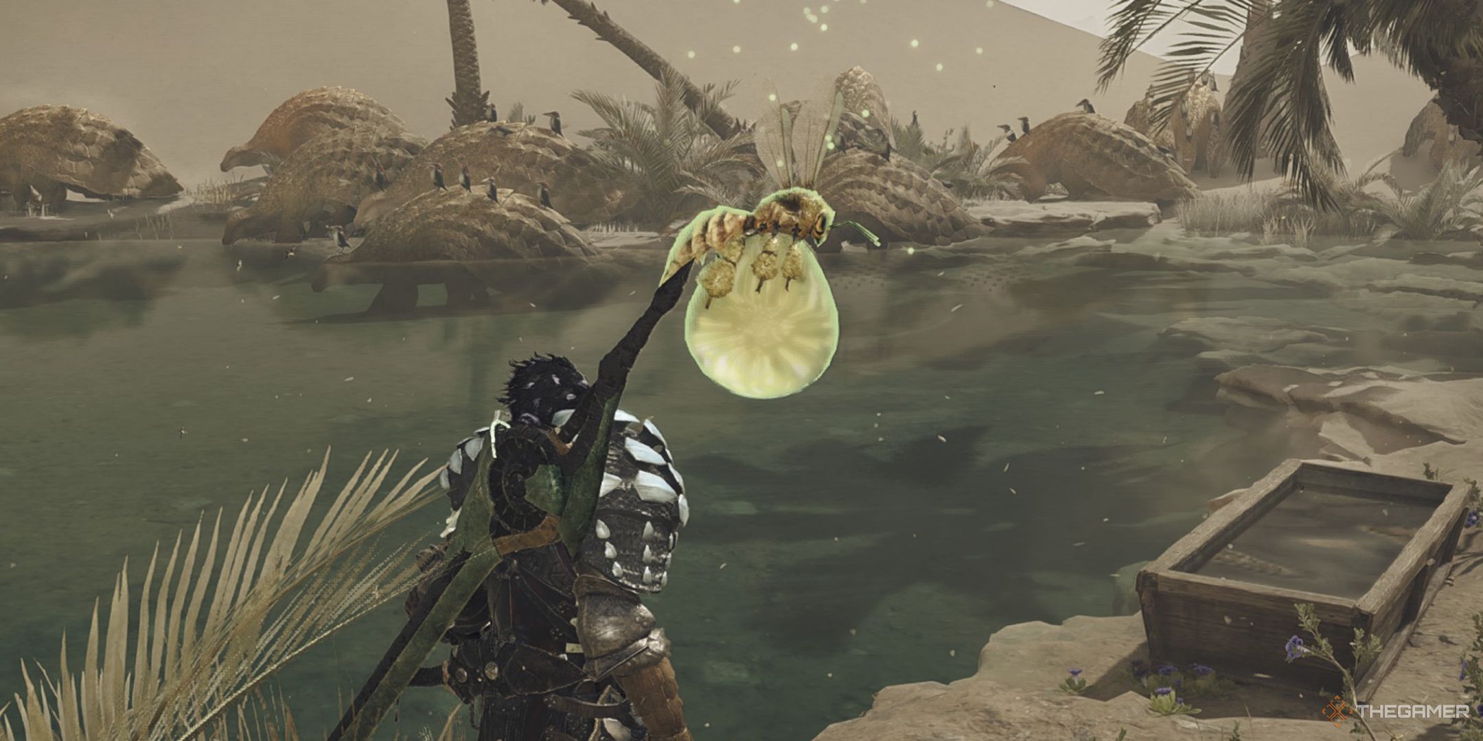 The hunter looking at a Vigorwasp in a small pond in Monster Hunter Wilds.