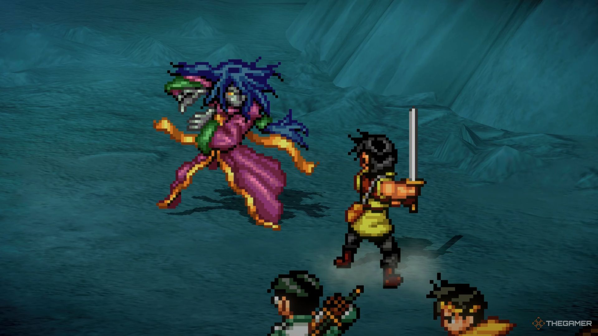 Viktor landing a critical attack in Suikoden 2 HD Remaster.