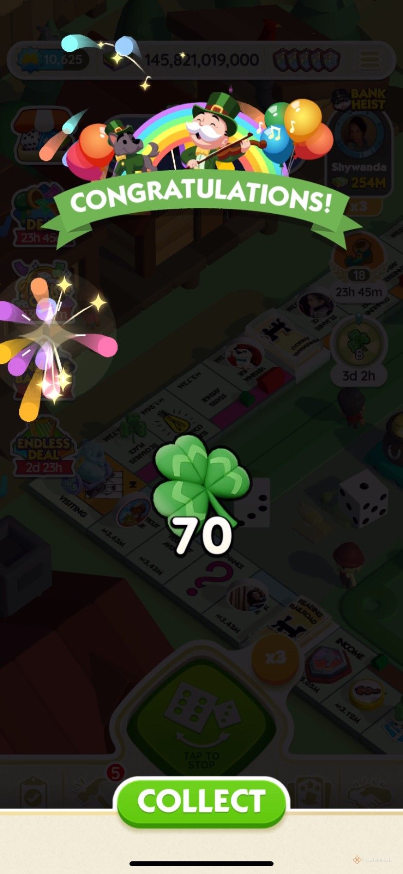 Winning 70 free St. Paddy's Partners clover tokens from St. Patrick's Day Parade in Monopoly Go.