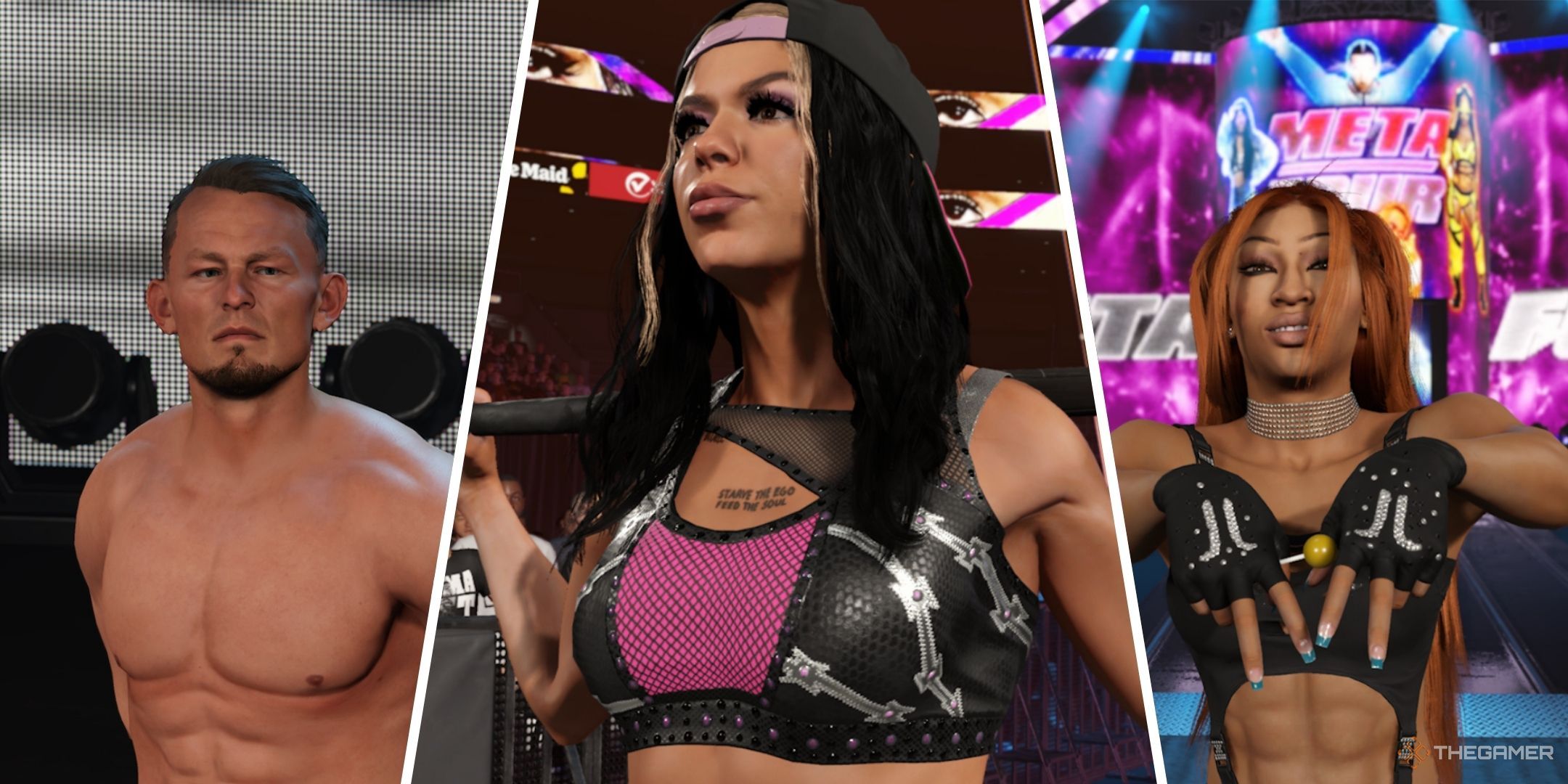 WWE 2K25 featured image containing screenshots of Ludwig Kaiser, Cora Jade, and Jakara Jackson.