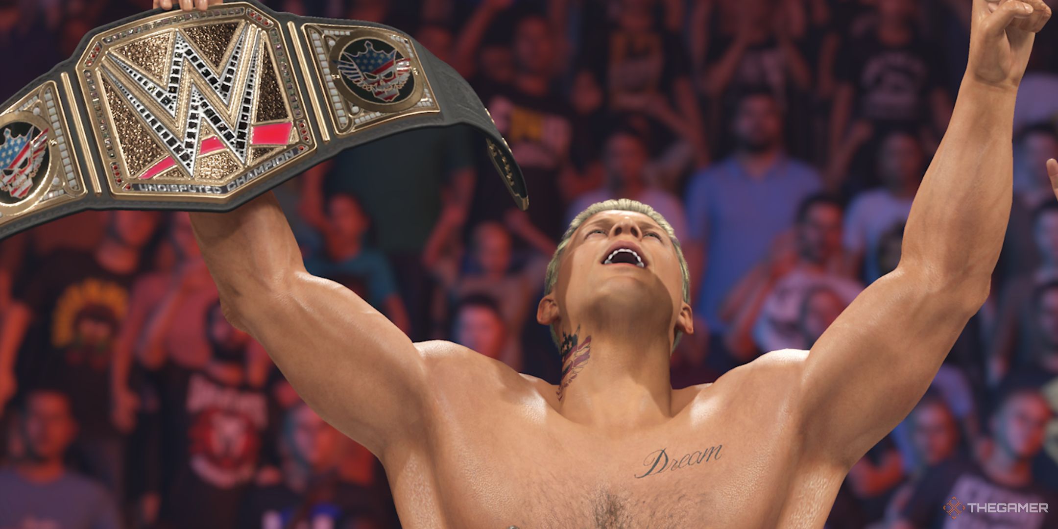 WWE 2K25 screenshot of Cody Rhodes holding up the Undisputed WWE Championship.