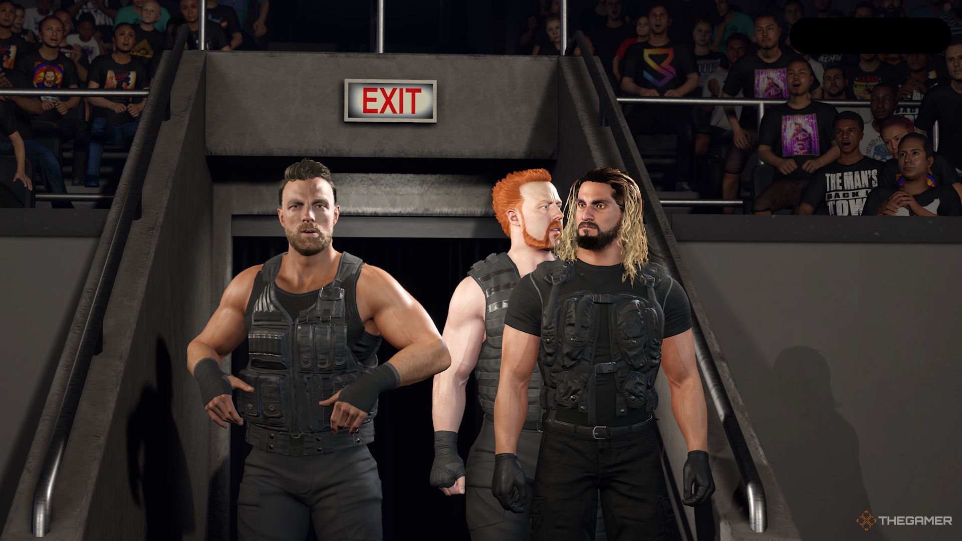 WWE 2K25 screenshot of Seth Rollins, LA Knight, and Sheamus dressed as the Shield.