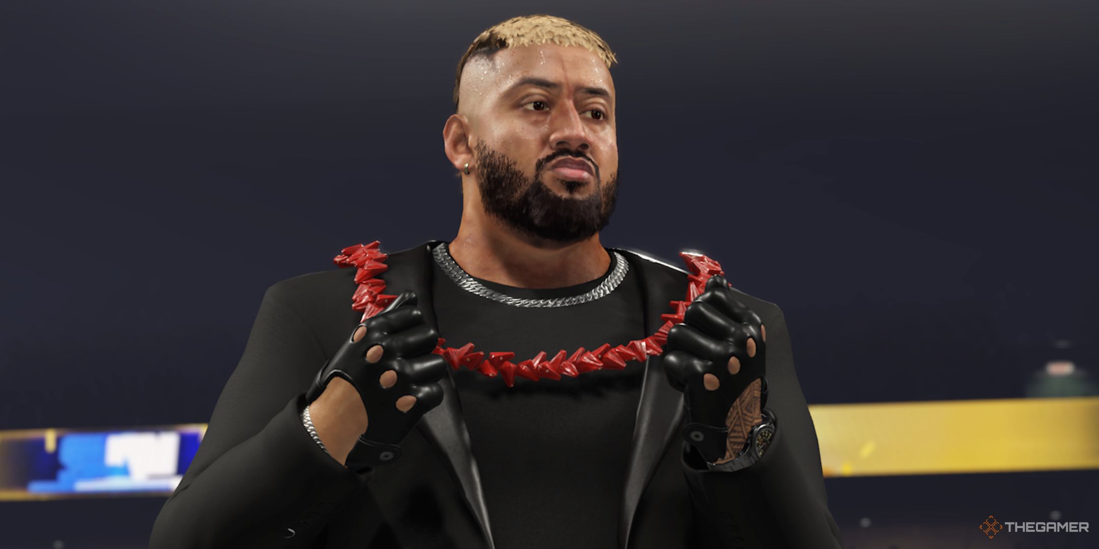 WWE 2K25 screenshot of Solo Sikoa in a suit with the Ula Fala around his neck.