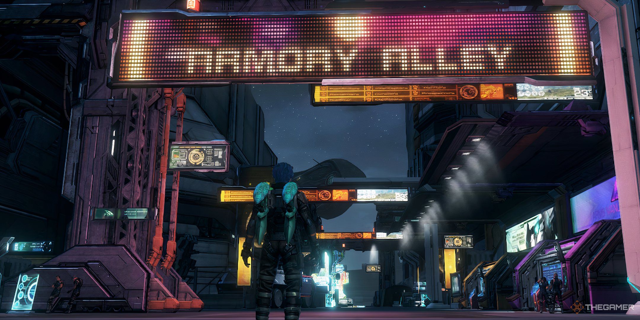 A screenshot of the player character outside the Armori street in Zenoblade Chronicles X: Final Edition.
