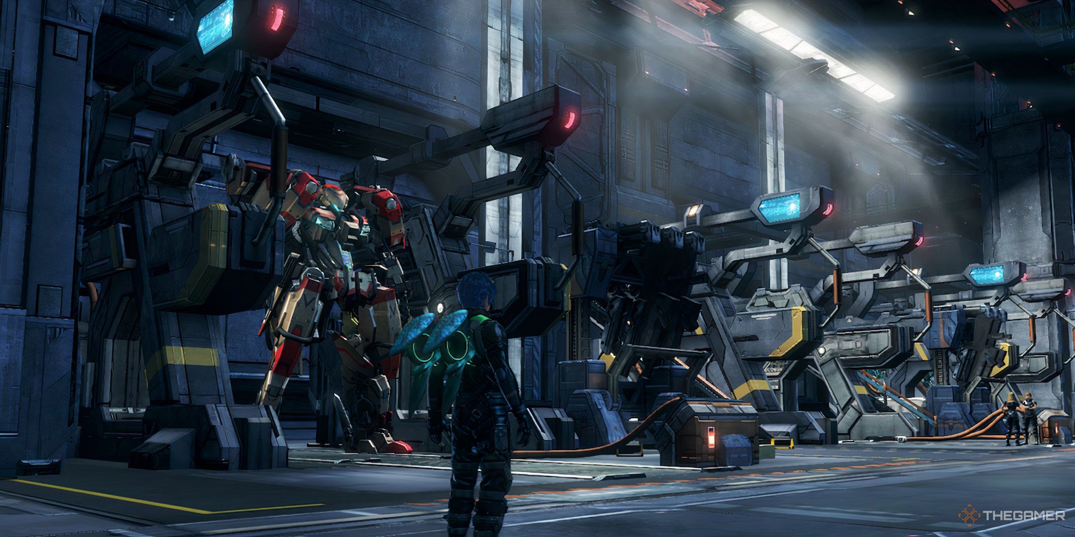 A screenshot of the role of a player standing inside the hanger at Zenoblade Chronicles X: Final Edition.