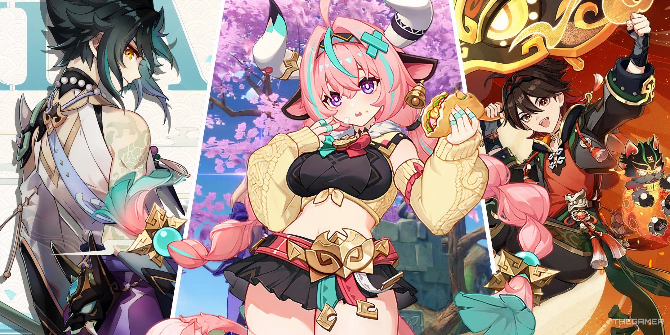 Xiao, Varesa, and Gaming in a split image in Genshin Impact.