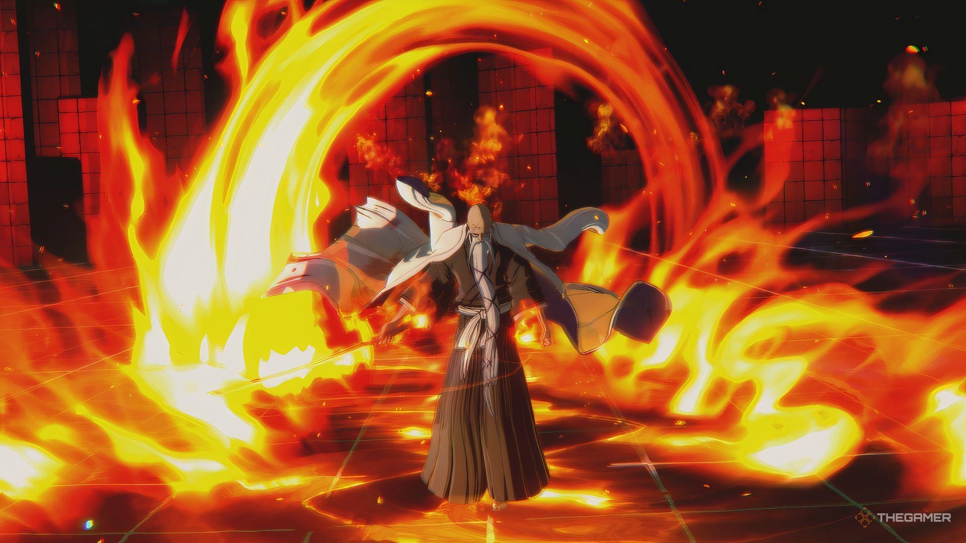Genryūsai Yamamoto conjuring flames with his sword in Bleach Rebirth of Souls.