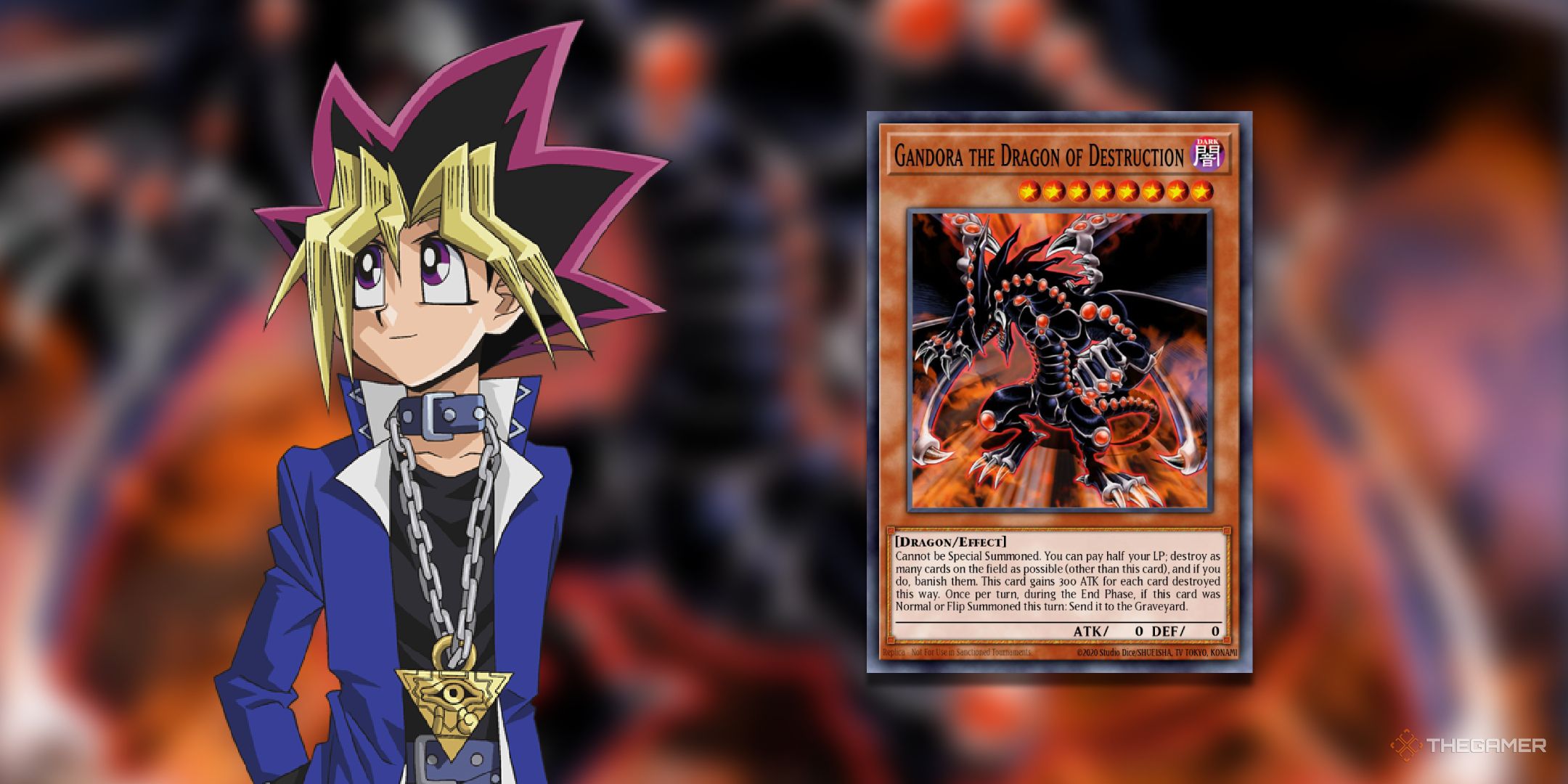 Yugi Muto next to Gandora the Dragon of Destruction from the Yu-Gi-Oh! TCG.