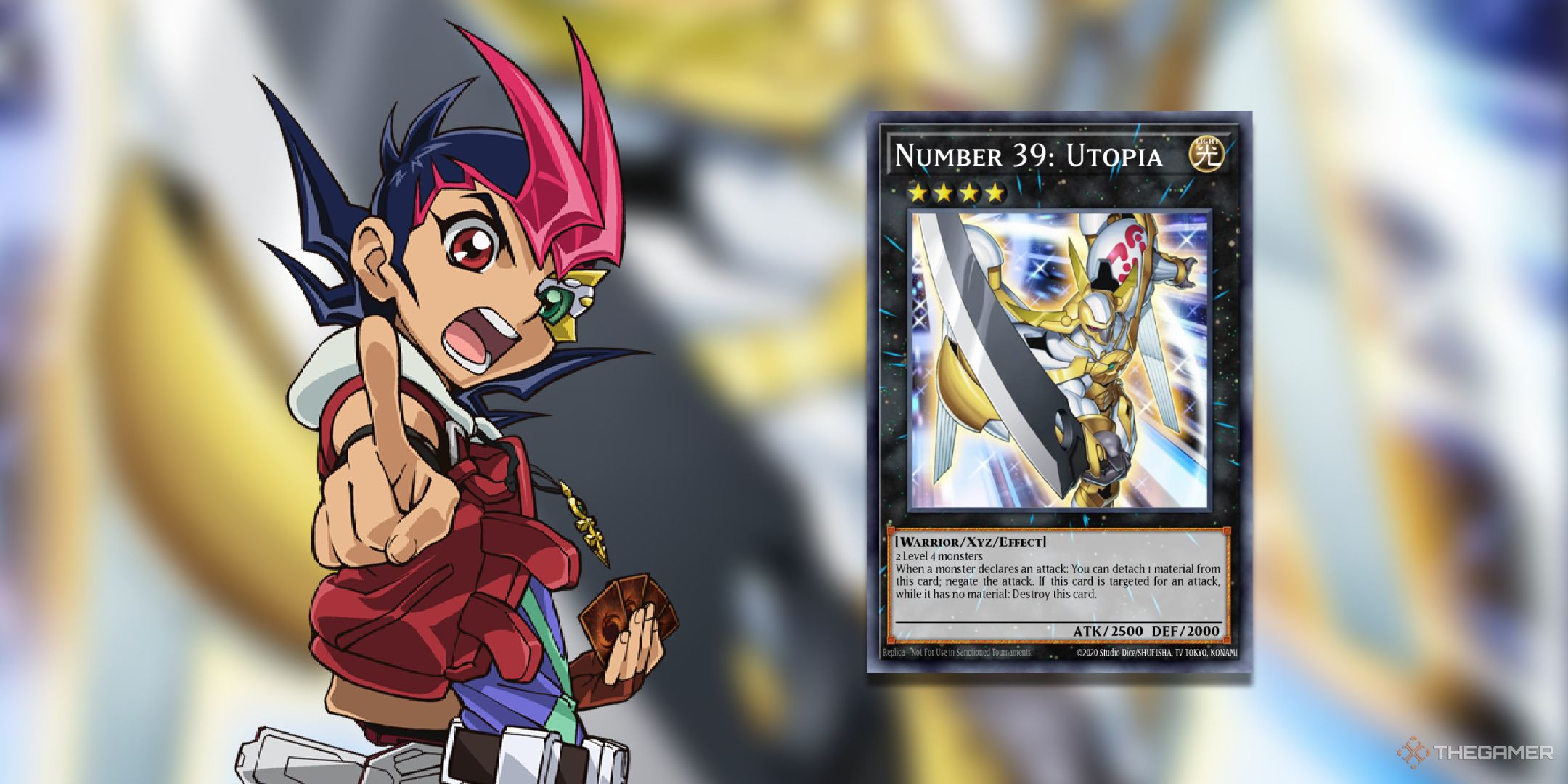 Yuma Tsukumo next to his signature card, Number 39 Utopia, from Yu-Gi-Oh! TCG.