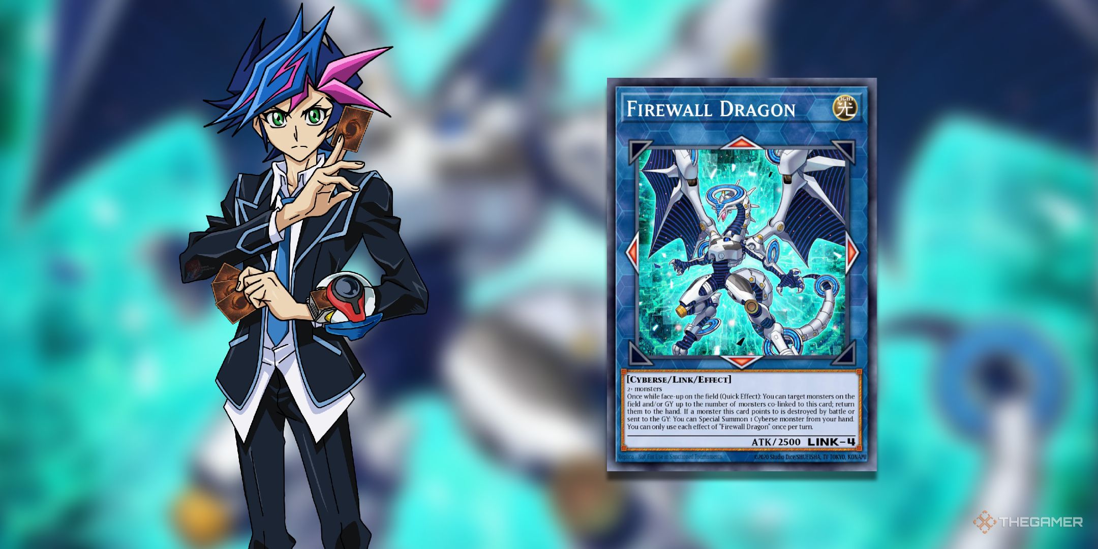 Yusako Fujiki next to Firewall Dragon from the Yu-Gi-Oh! TCG.