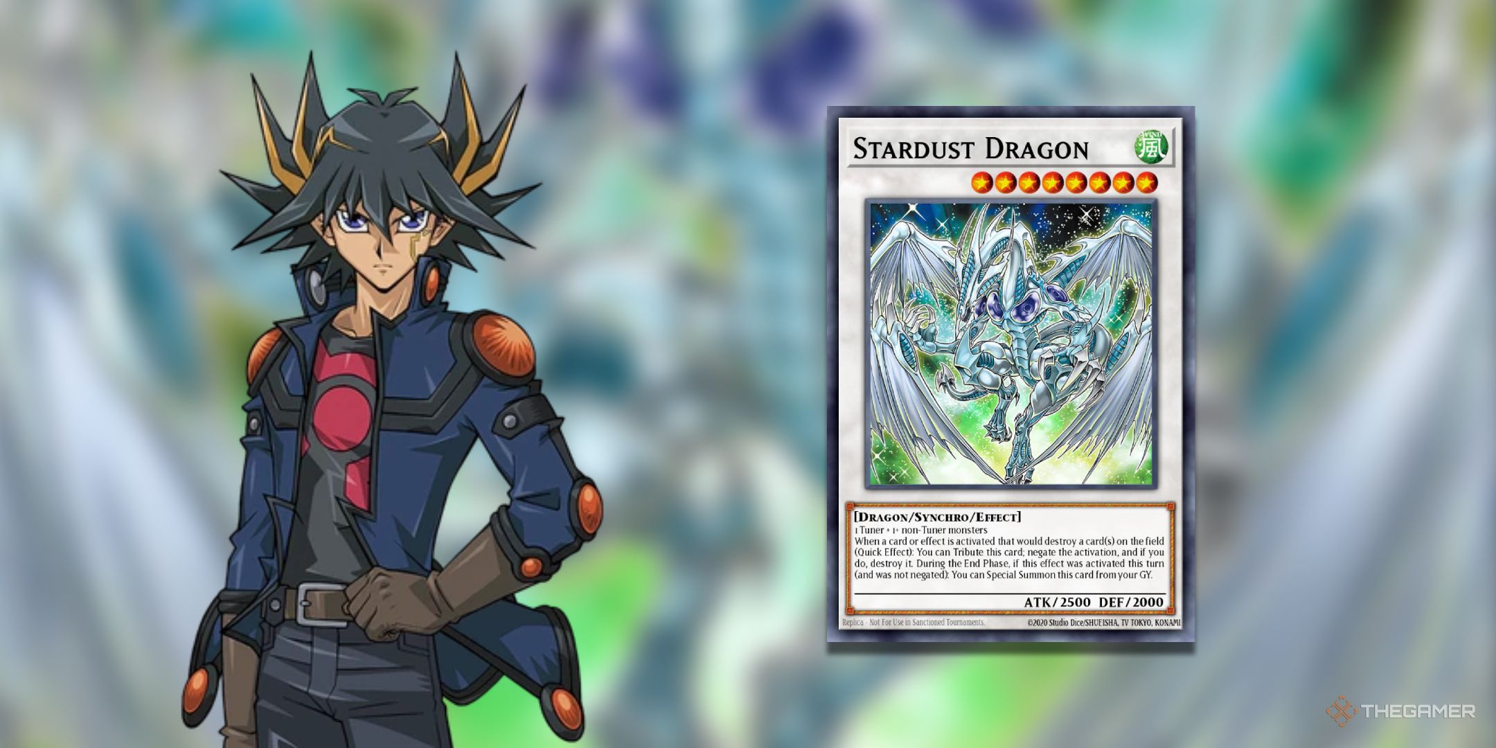 Yusei Fudo next to the Stardust Dragon from Yu-Gi-Oh! TCG.