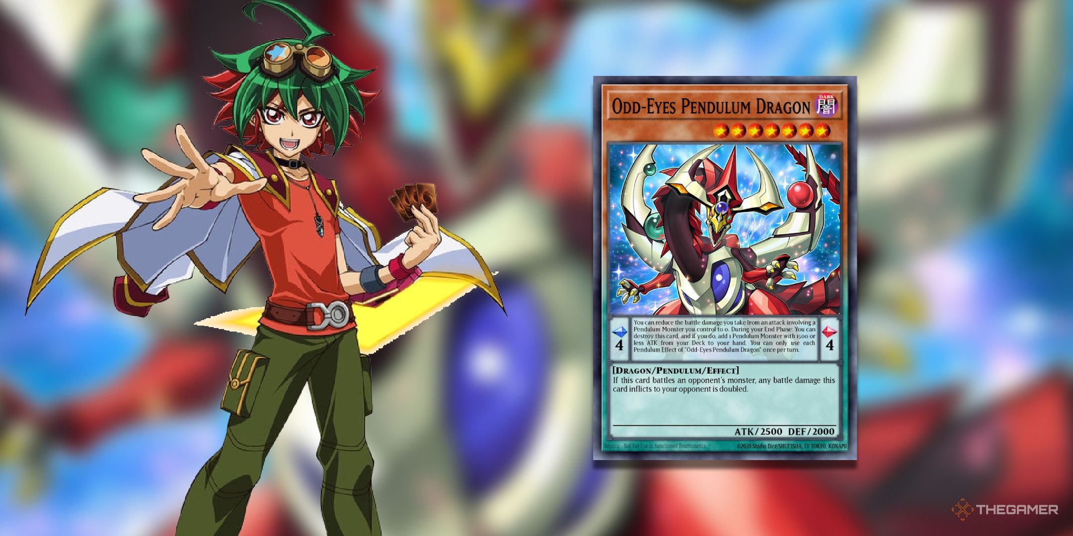Yuya Sakagi next to Odd-Eyes Pendulum Dragon from the Yu-Gi-Oh! TCG.