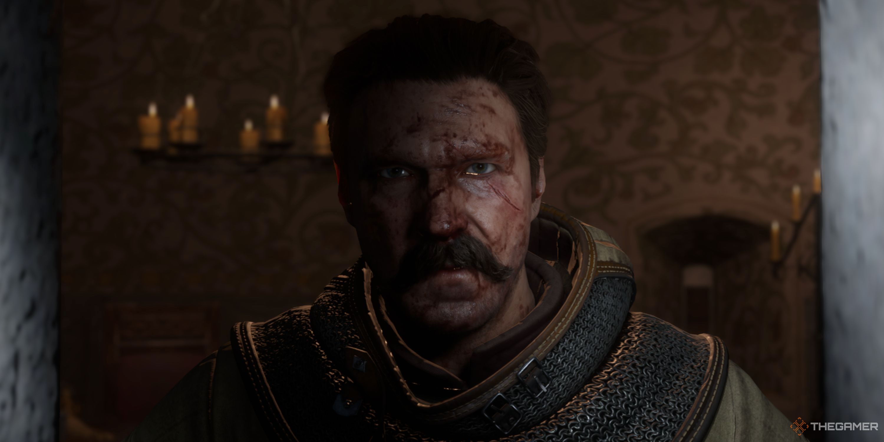 Kingdom Come: Deliverance 2 in-game cutscene featuring Zizka covered in blood. 