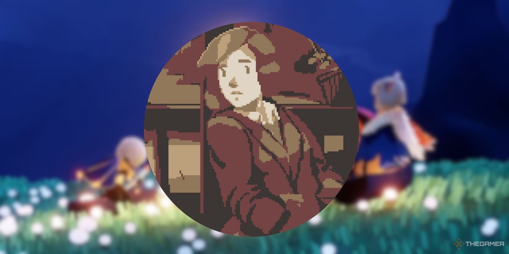 A blurred background featuring a screenshot from Sky: Children of the Light, with a photo of Wilma from The lion's Song: Episode 1 - Silence in the middle.