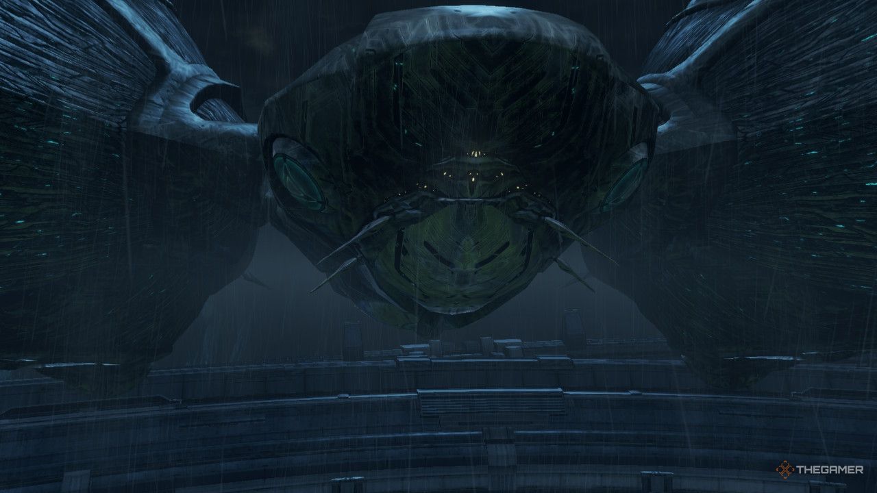 The man-non ship in the sky above NLA in xenoblade chronicles x definitive edition.