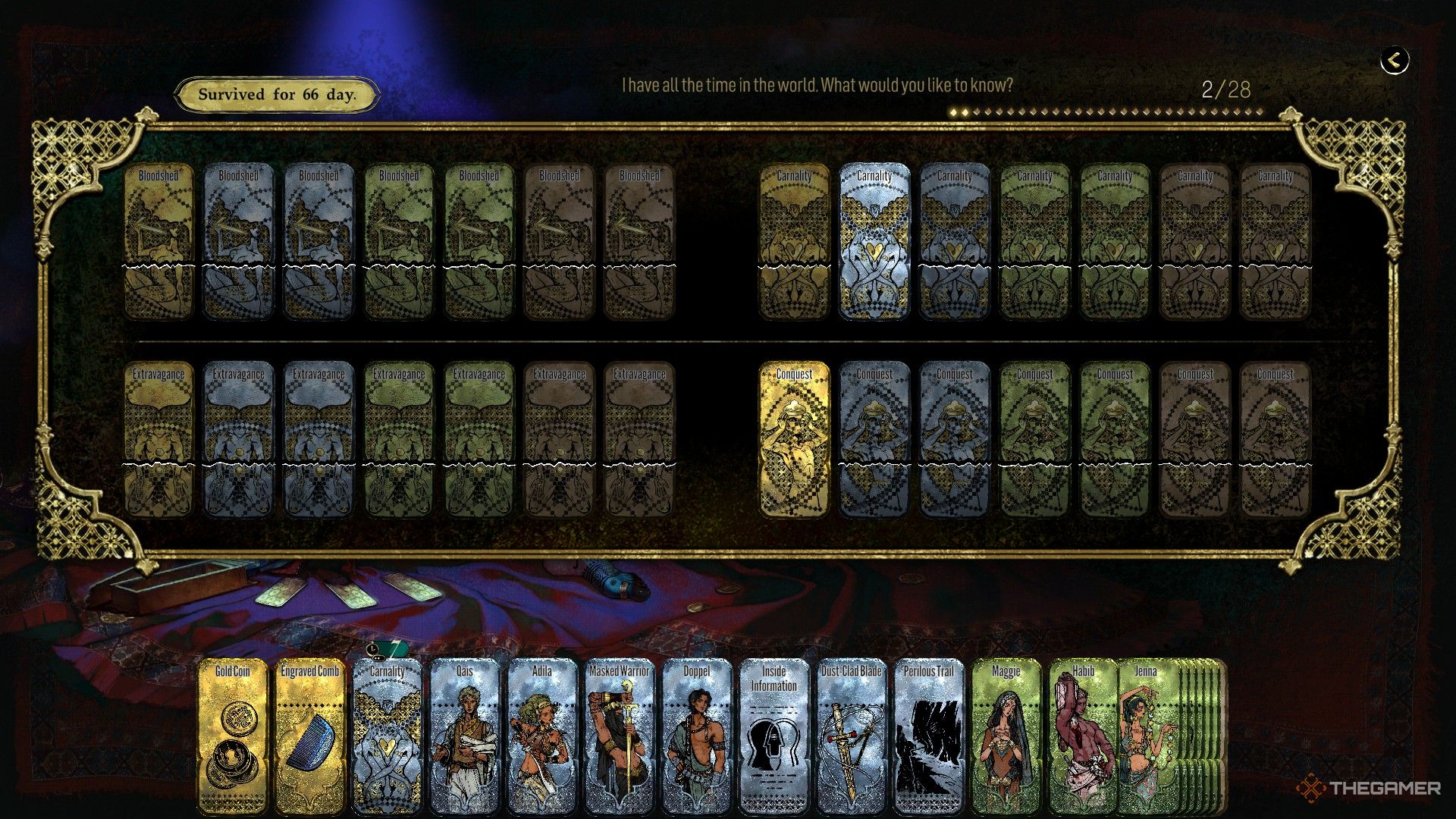 A nearly completed deck of Sultan&rsquo;s Game cards. The gold conquest card remains.