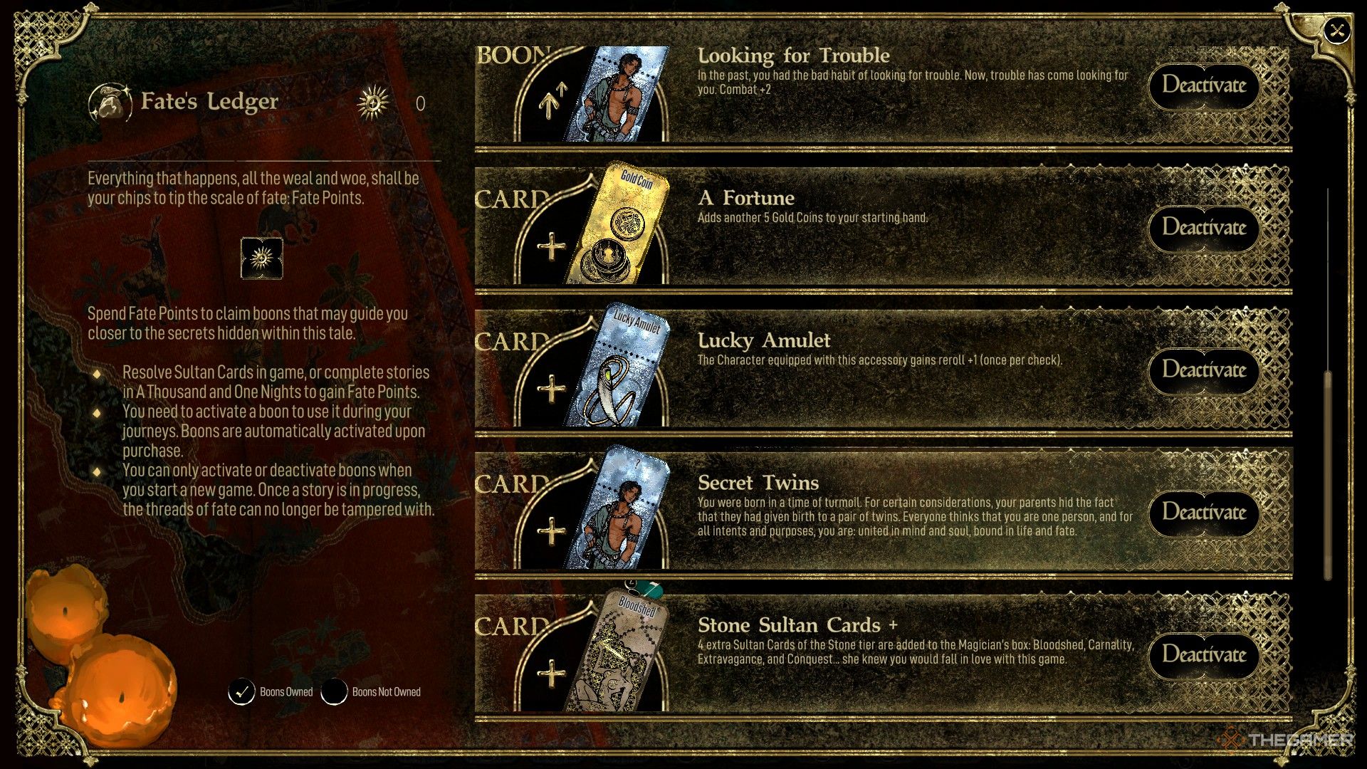 The fates ledger of Sultan&rsquo;s Game, showing the secret twins card.