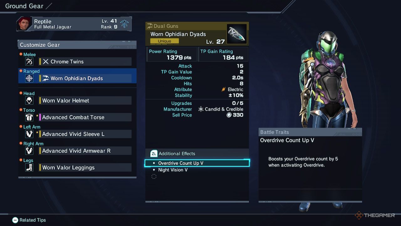 صفات نبرد که بر روی یک قطعه از دنده های منحصر به فرد در Xenoblade Chronicles X Edition Divitive مشاهده می شود.