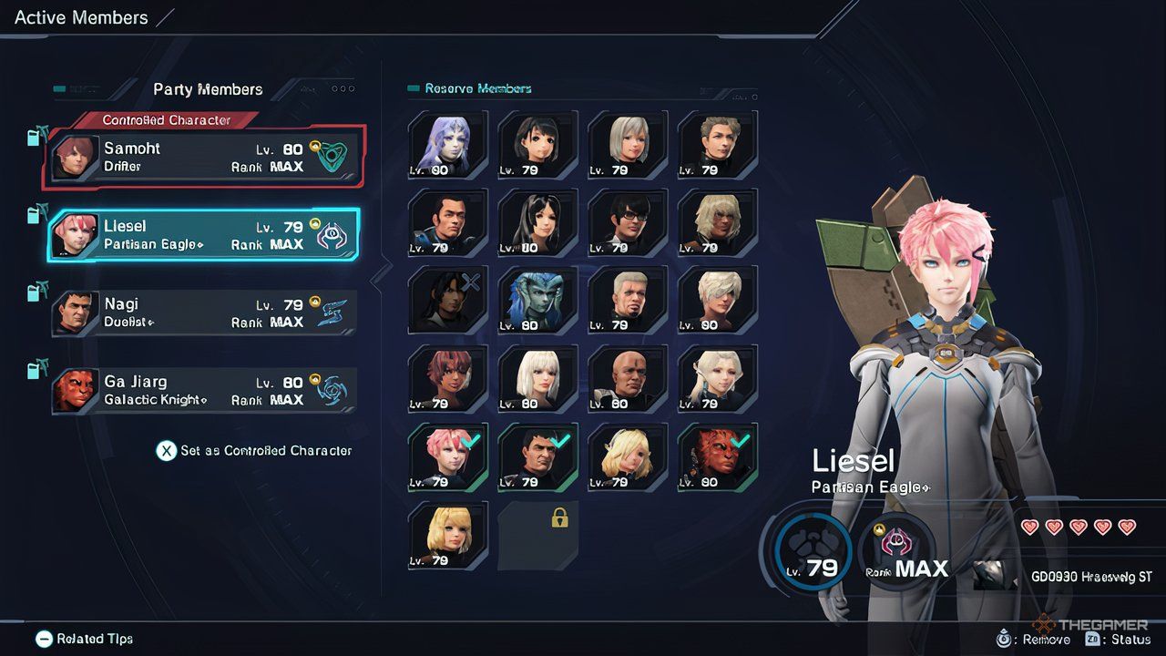 Active Party Member Menu, which shows Zenoblaud Chronicles X to various party members: Final Edition.