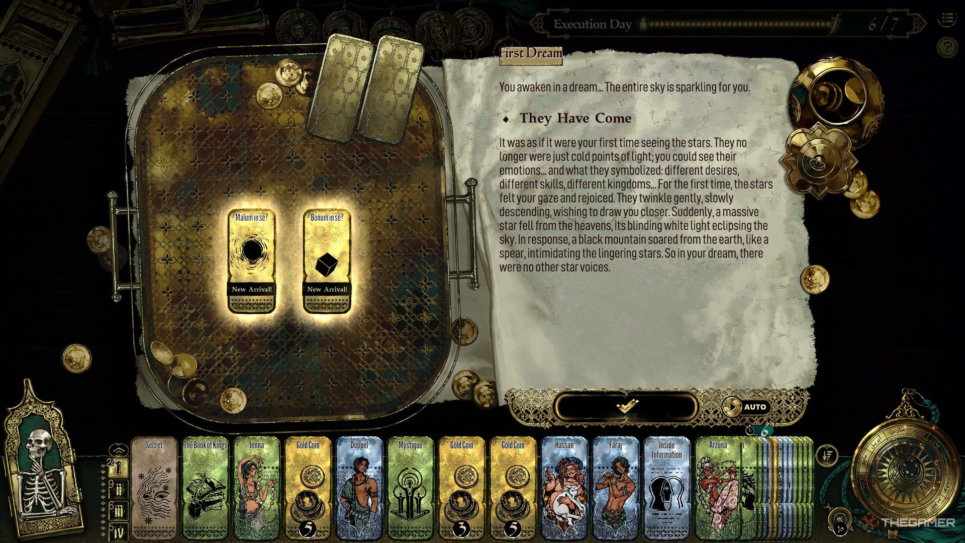 The two god cards appear in Sultan&rsquo;s Game, after purchasing the Glimpse of God upgrade.