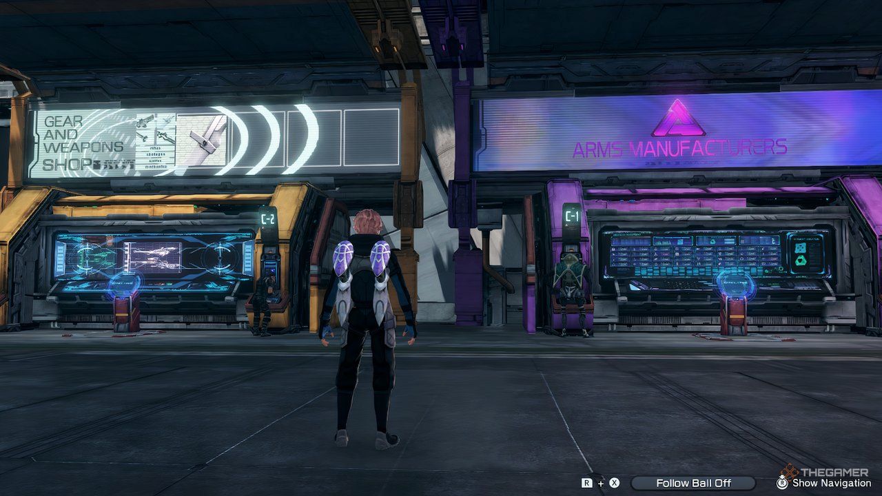 Player Avatar standing in front of two stores in Armori street in Zenoblaud Chronicles X: Final Edition.