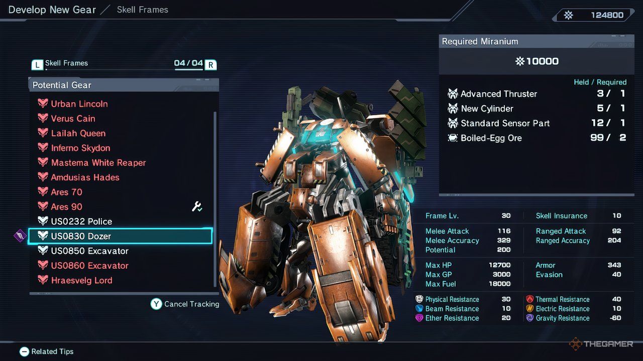Development screen for US0830 Dozer Skell in Xenoblade Chronicles X: Felinitive Edition