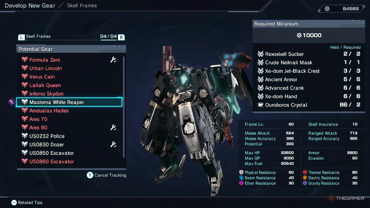 منوی آفرینش برای Mastema White Reaper Skell در Xenoblade Chronicles X: نسخه Definitive.