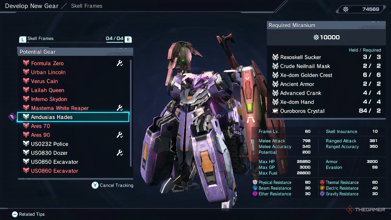 The creation menu for the Amdusias Hades Skell in Xenoblade Chronicles X: Definitive Edition.