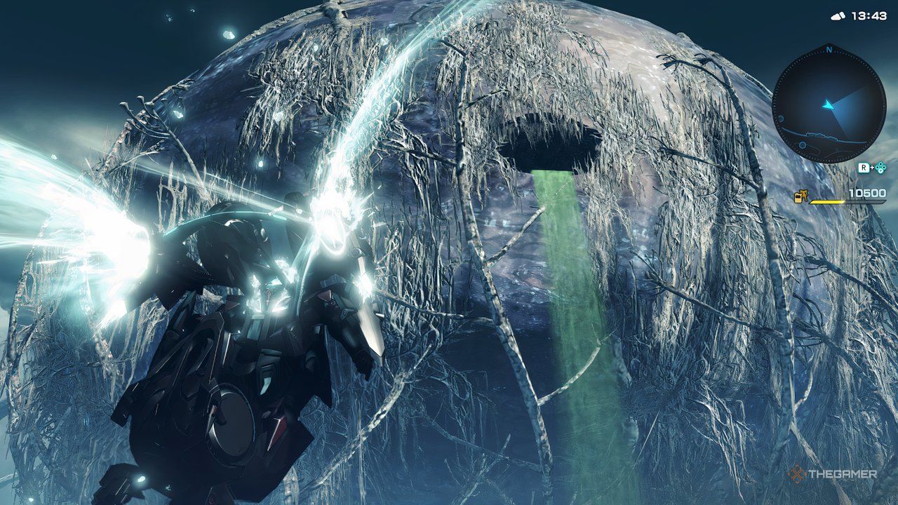 A Skell flying toward the opening in the giant bubble overlooking Sylvalum in Xenoblade Chronicles X: Definitive Edition.