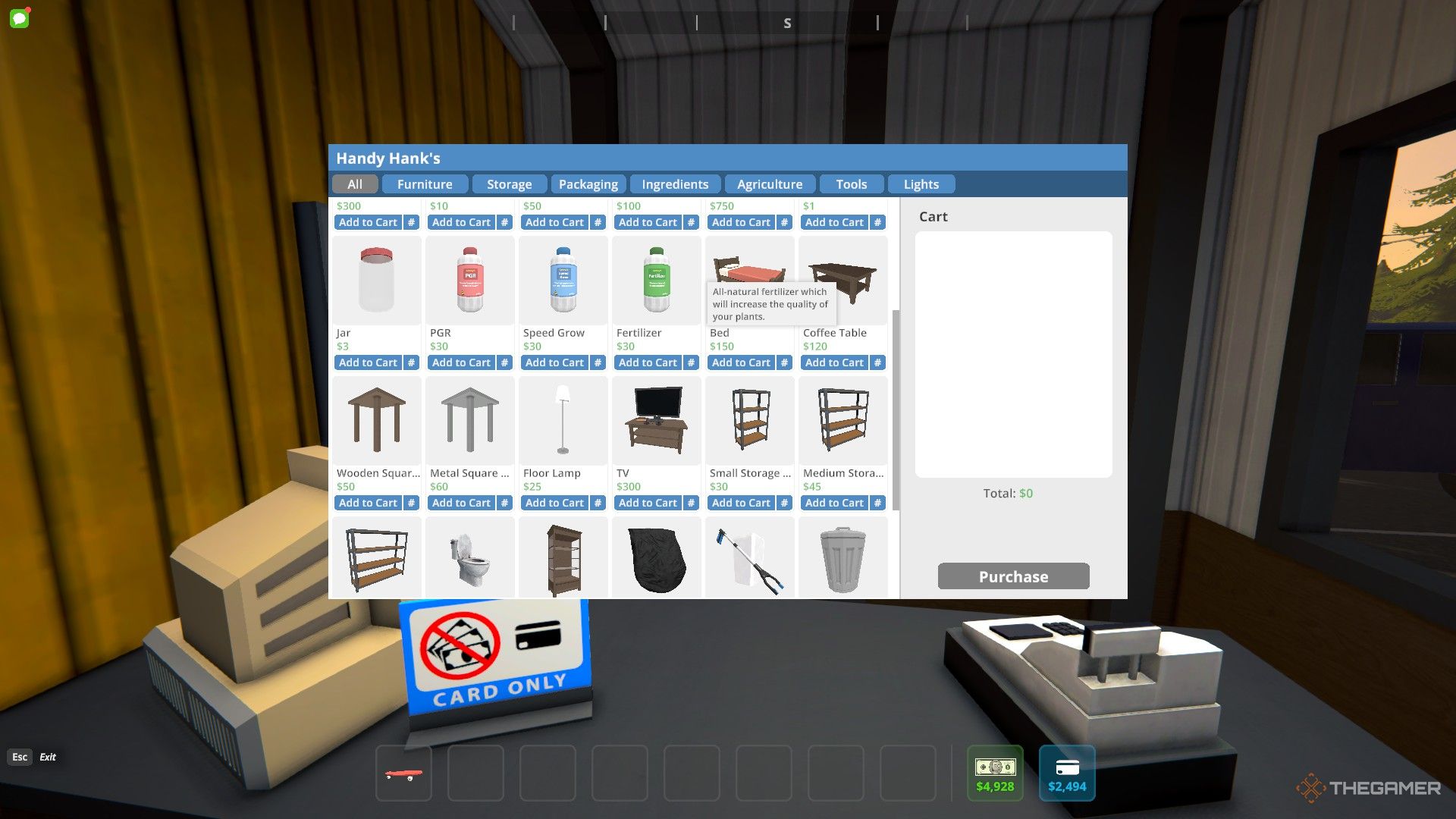 The fertilizer is shown in the hardware store menu in Schedule 1.