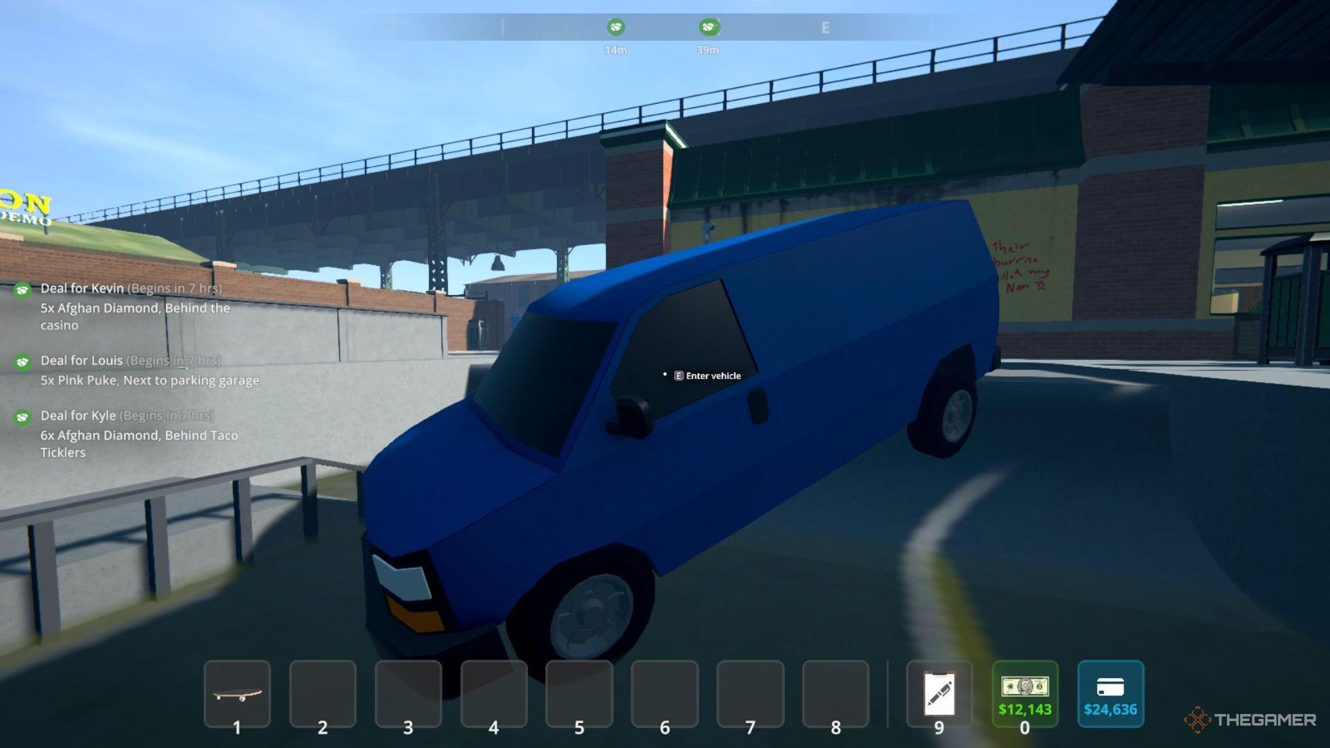 The role of the player is watching the blue vapor van trapped in the skate part in Schedule 1.