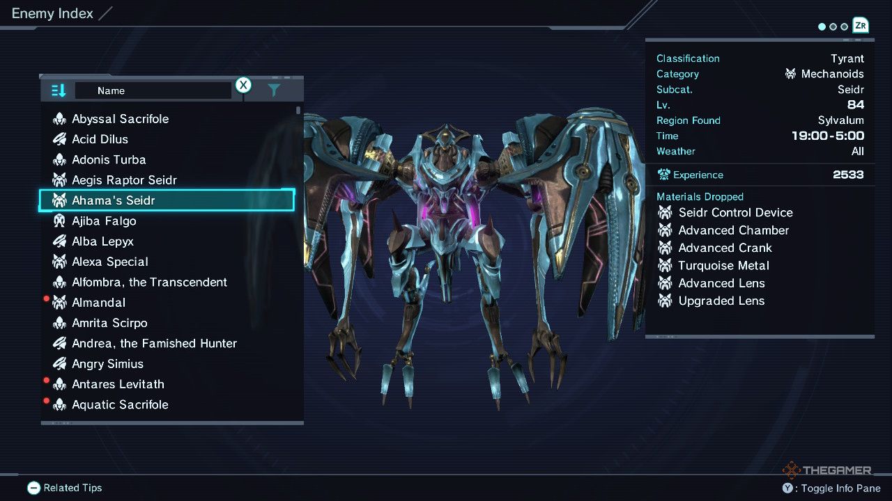 Ahamam's Seidr in the enemy index in Xenoblade Chronicles x Definitive Edition.
