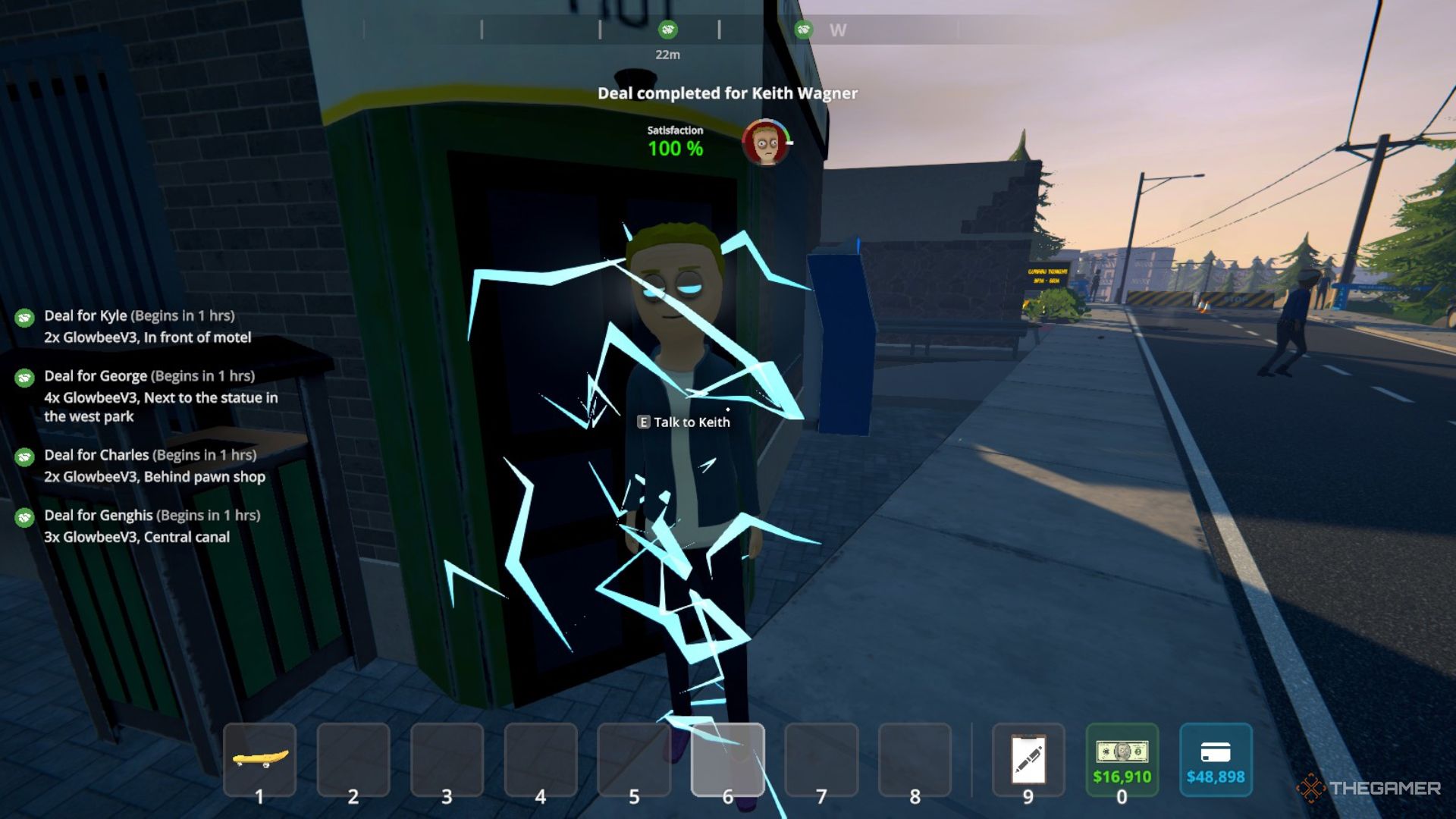 Player character watching an NPC gain effects such as electricity, a large head, and glowing eyes in Schedule 1.