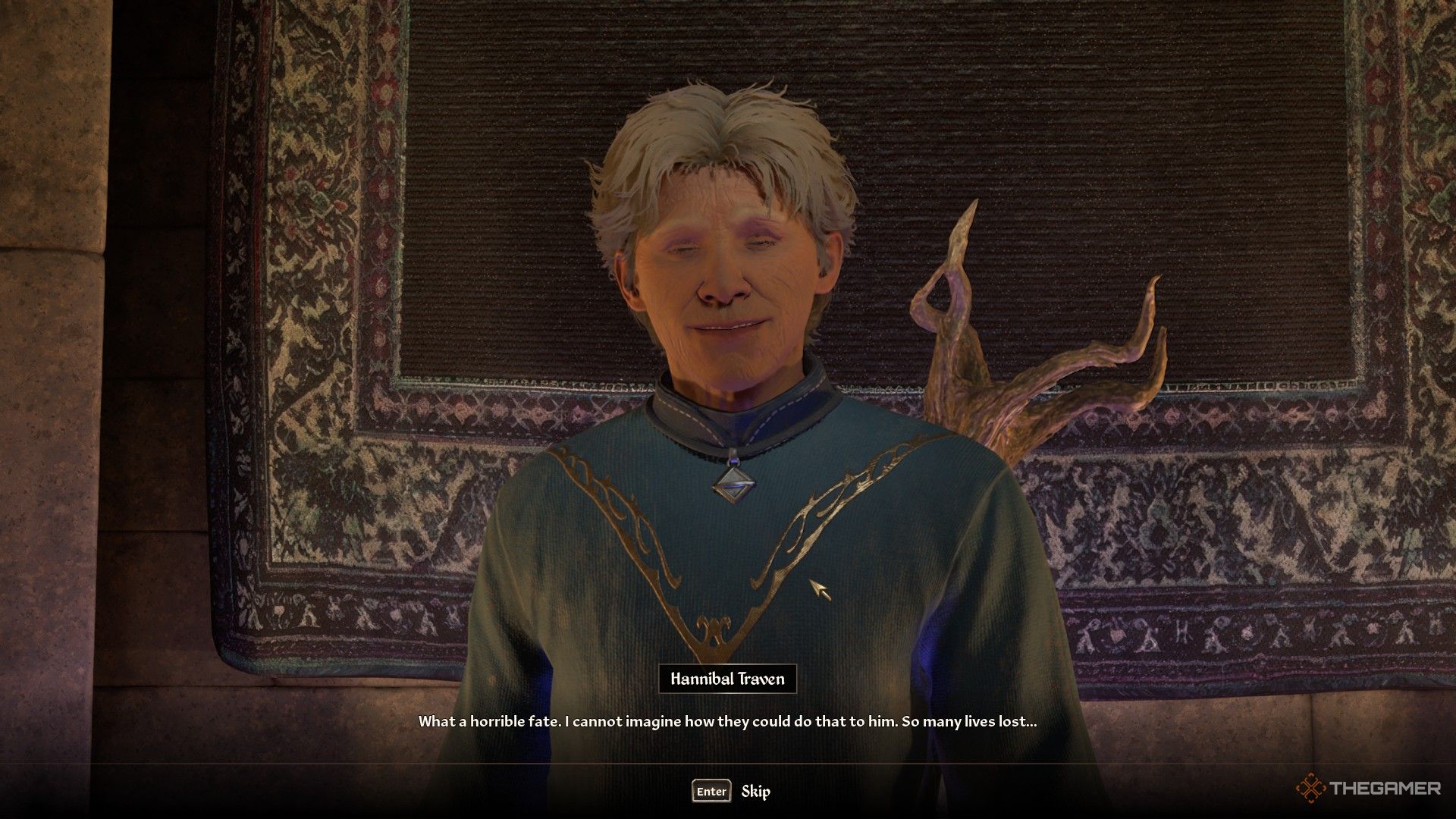Archmage Traven laments about Mucianus's fate with a dreamy smile in Oblivion Remastered.