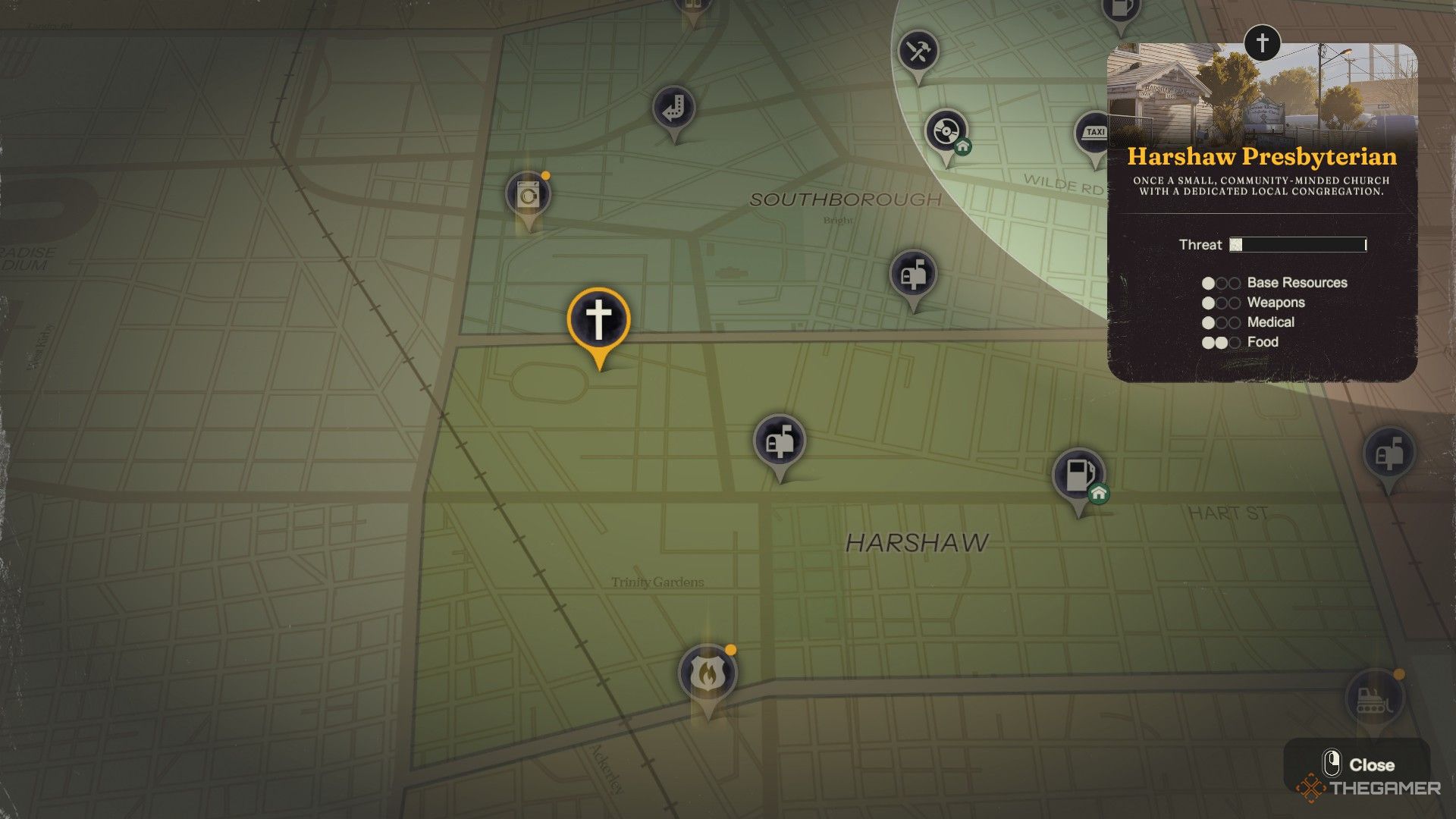 The location of Harshaw Presbytarian Church in Into The Dead&rsquo;s Walton City