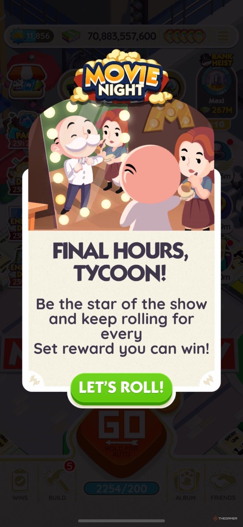 24 hour warning on the Movie Night sticker season in Monopoly Go.