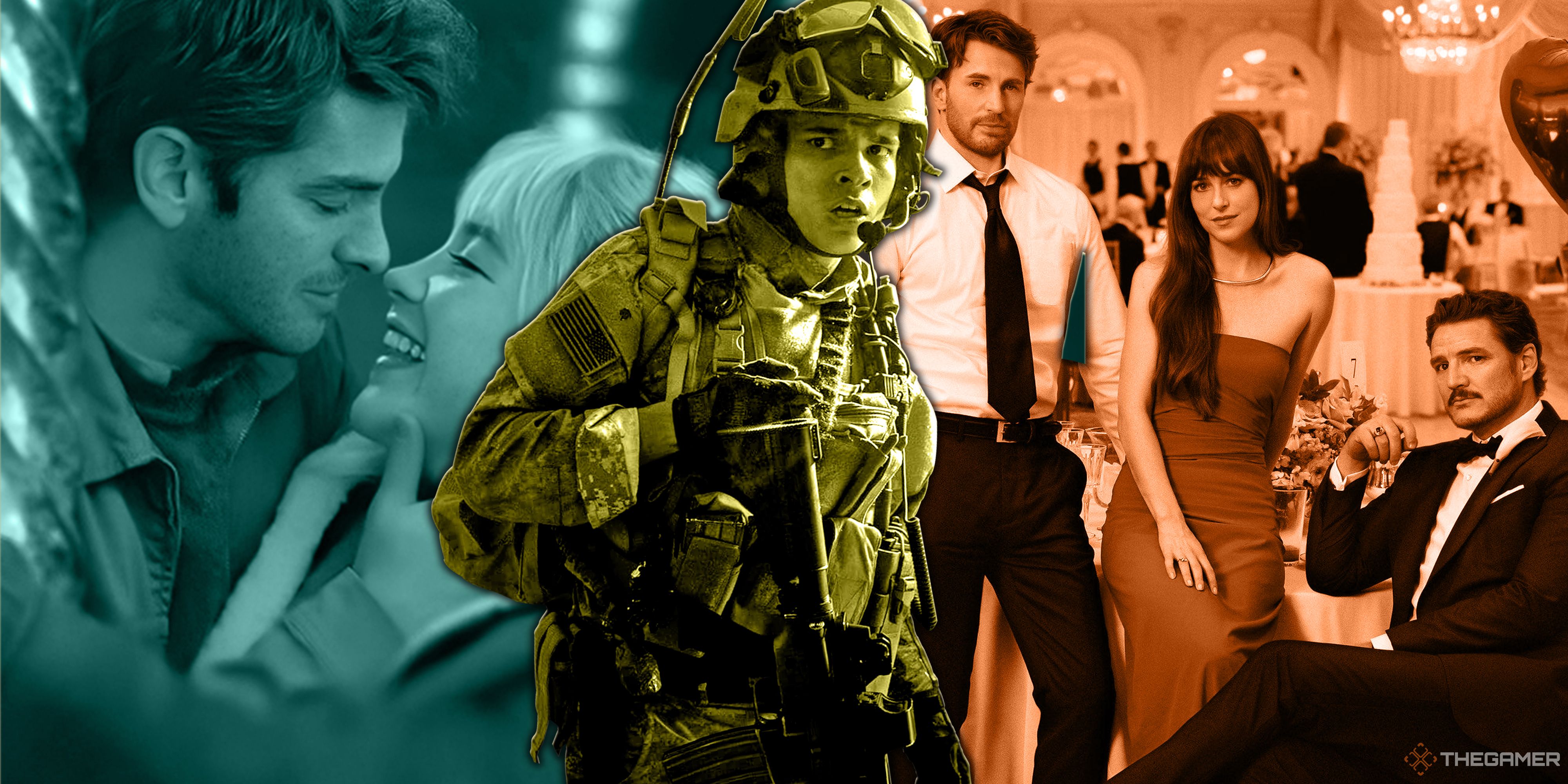 Collage image with We Live in Time, Warfare, and The Materialists.