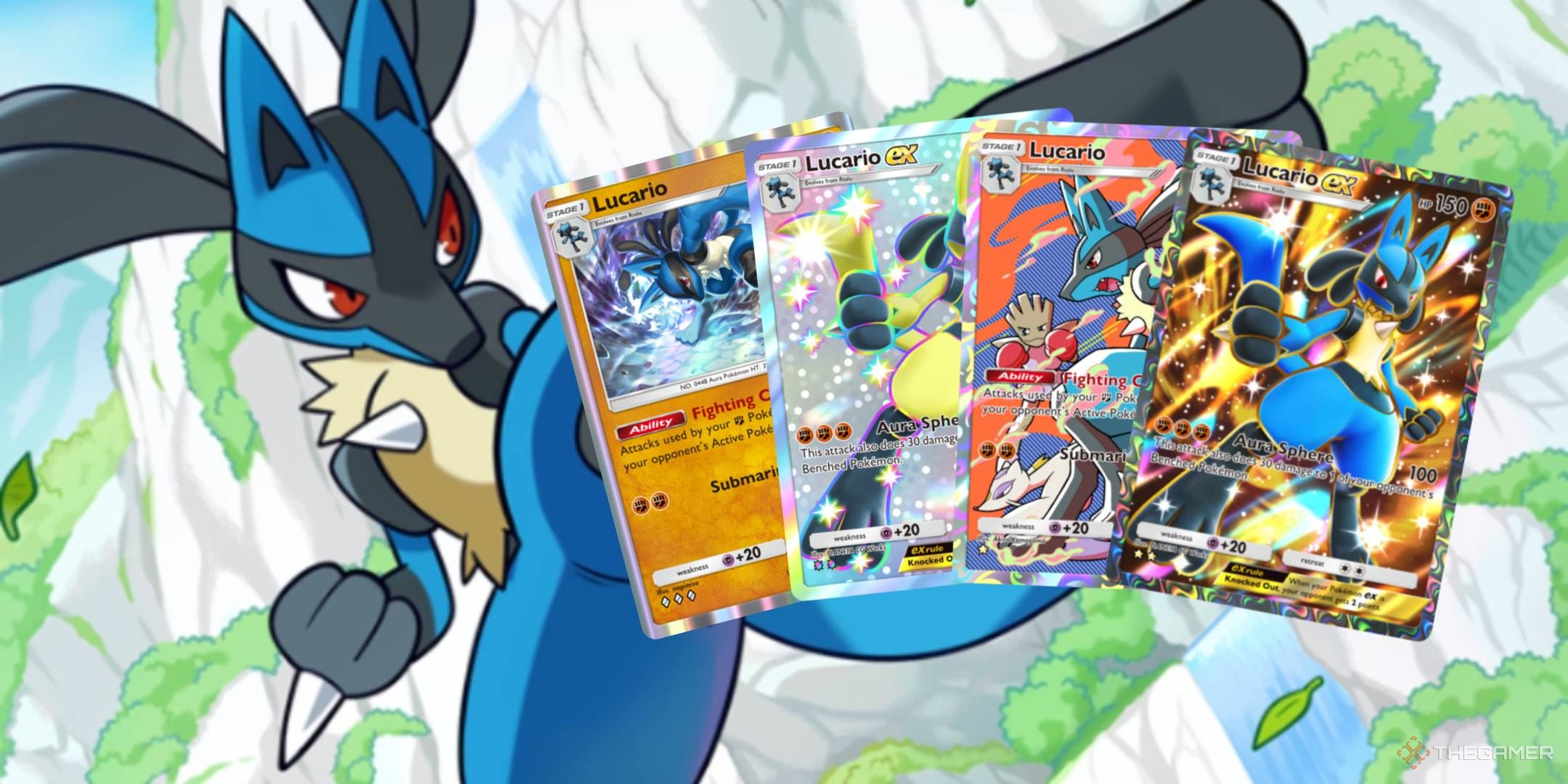 Lucario, training in the mountains, kicks a stack consisting of two prints each of Lucario and Lucario ex, from Pokemon TCG Pocket.