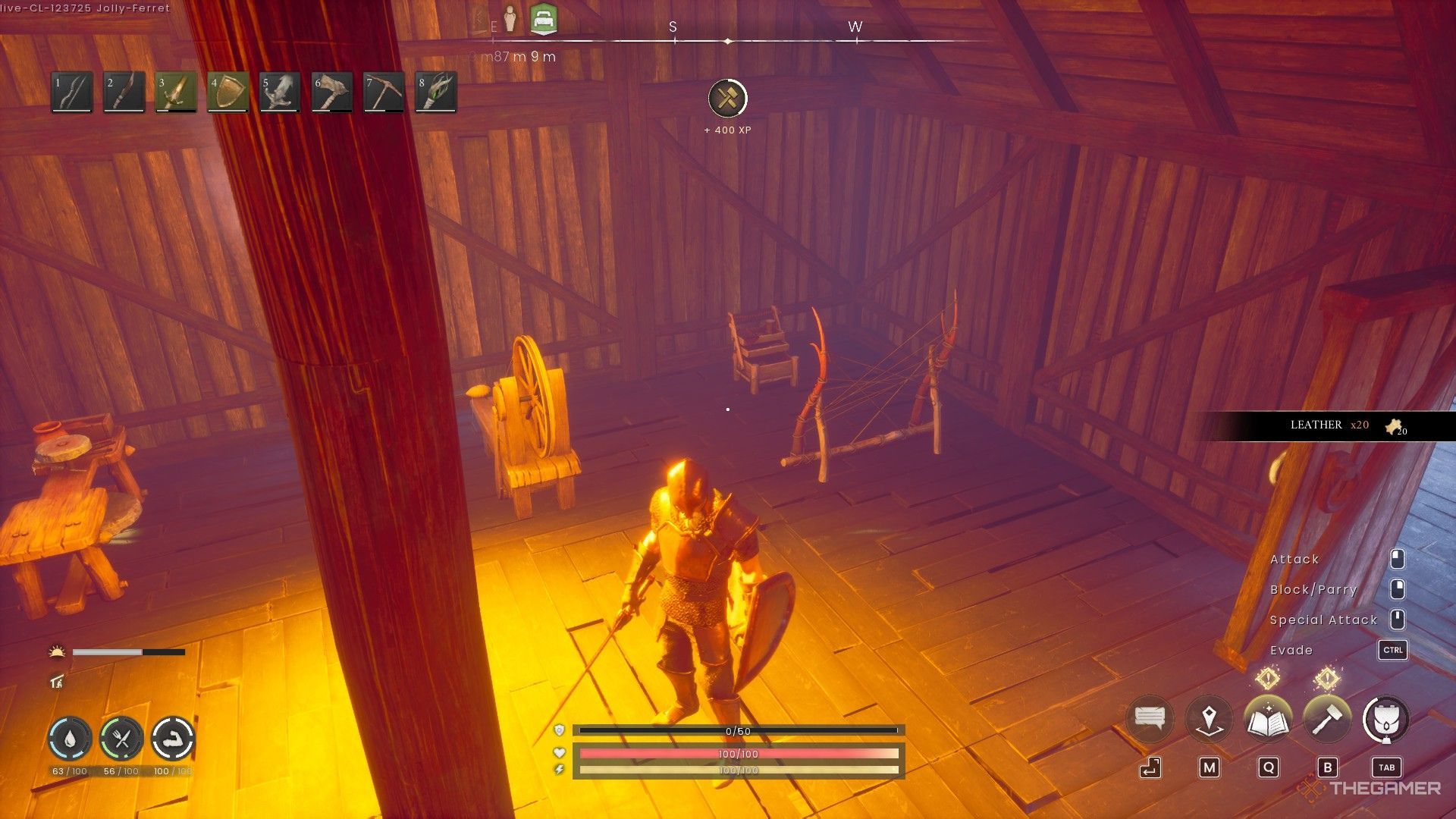 The player stands in front of the spinning wheel and tanning rack in the Ranskip: Dragon Walds.