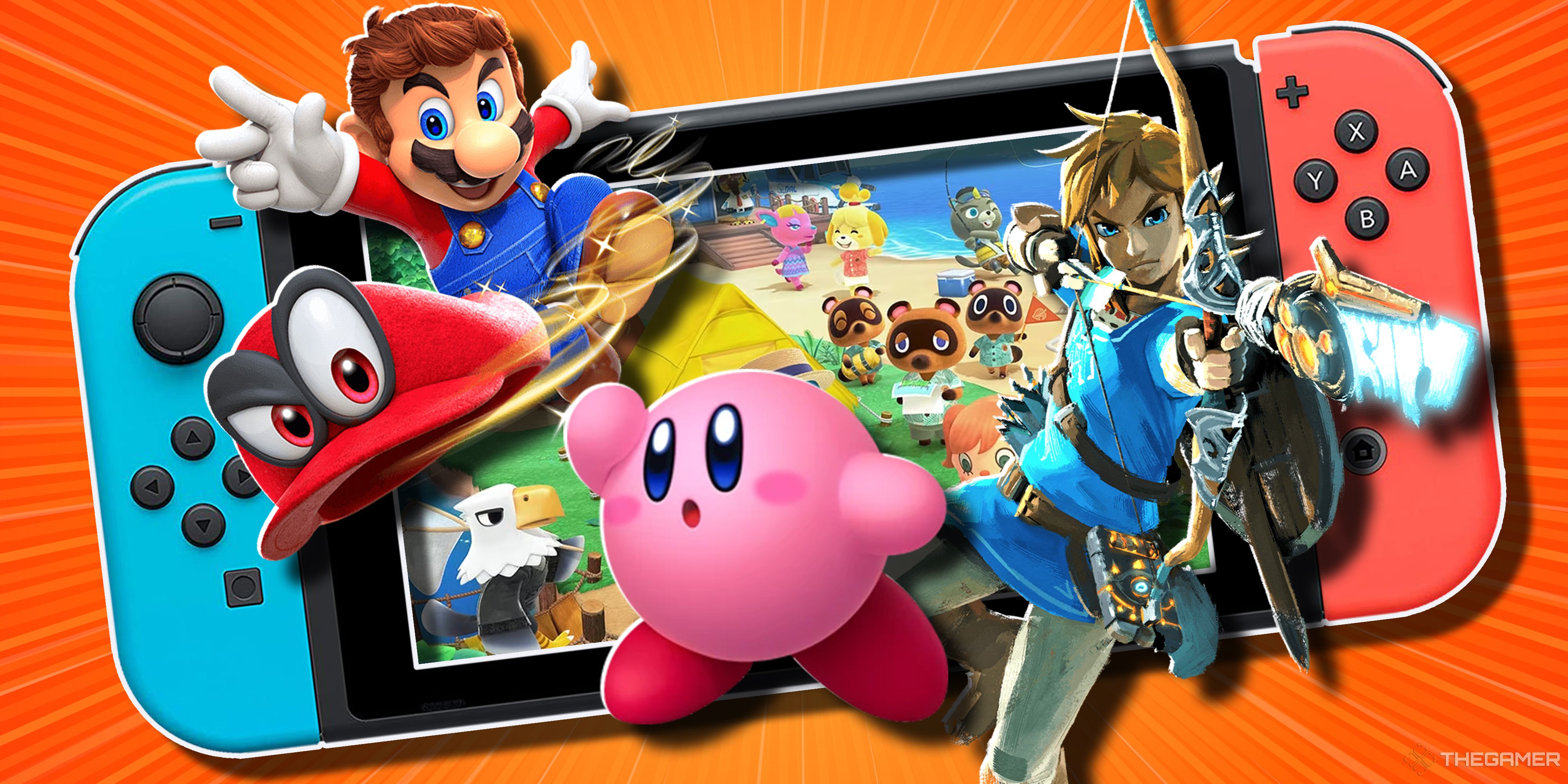 Animal Crossing on a Nintendo Switch with Mario, Kirby, and Link in front of it.