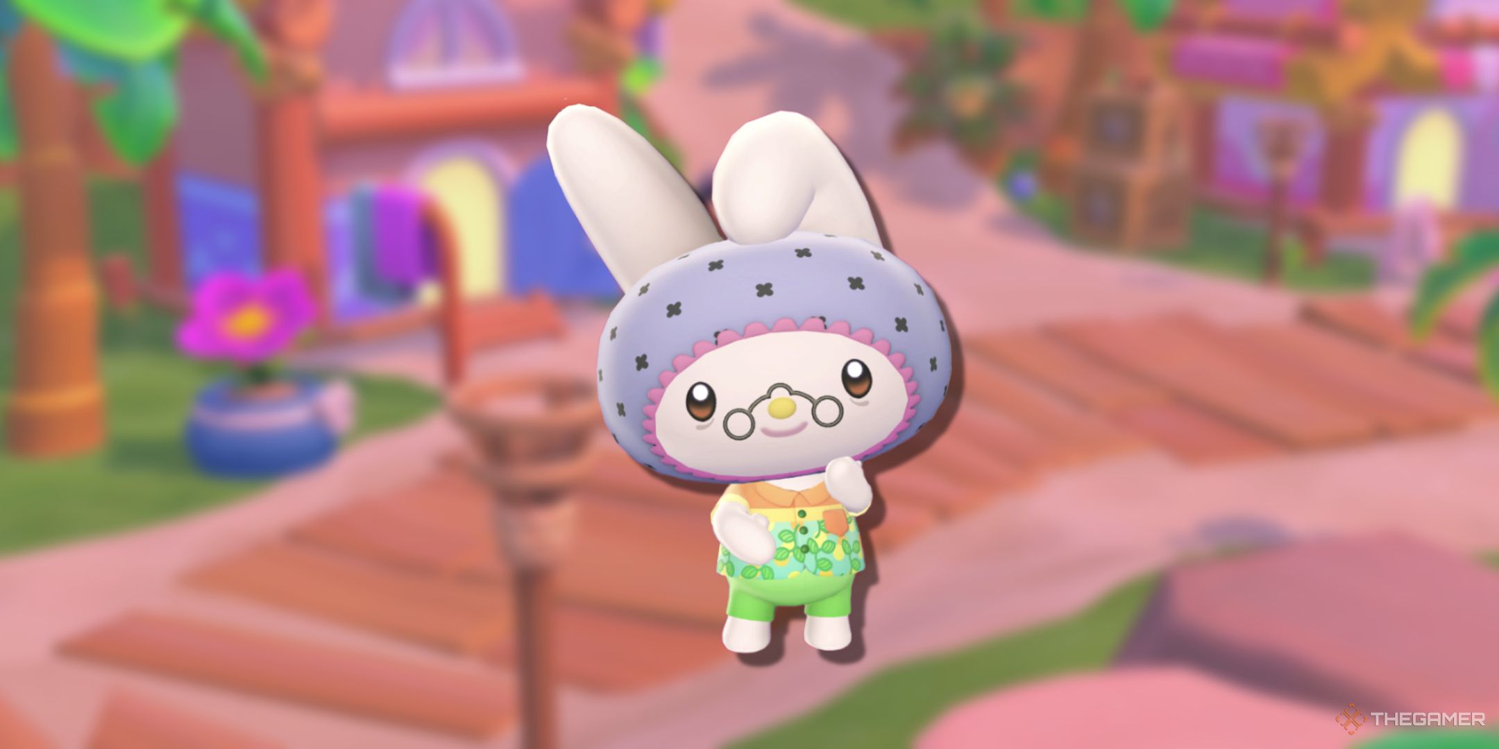 A blurry background with a picture of My Melody&rsquo;s Grandma in Hello Kitty Island Adventure.
