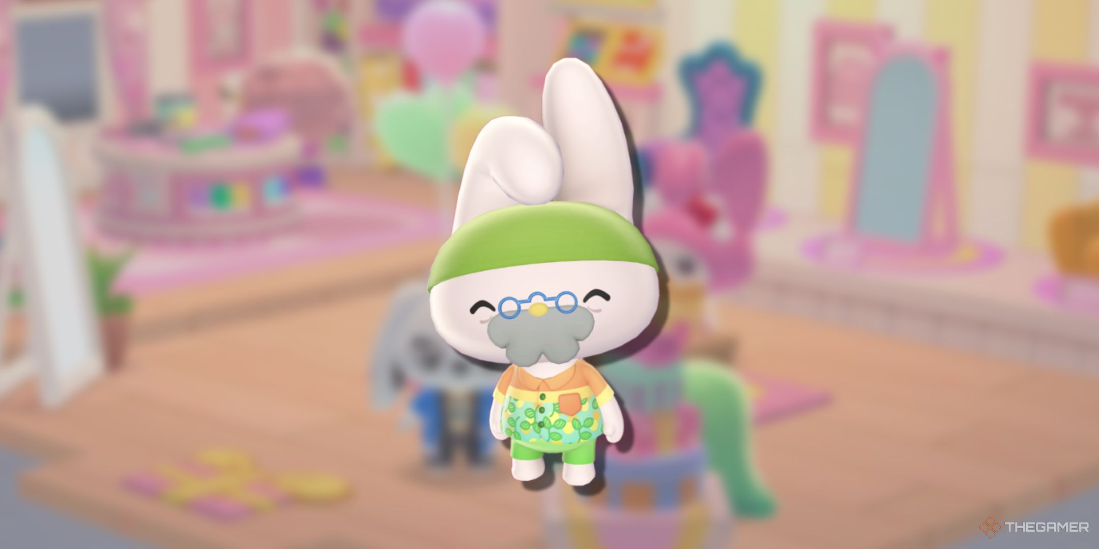 A blurry background with a picture of My Melody&rsquo;s Grandpa in Hello Kitty Island Adventure.