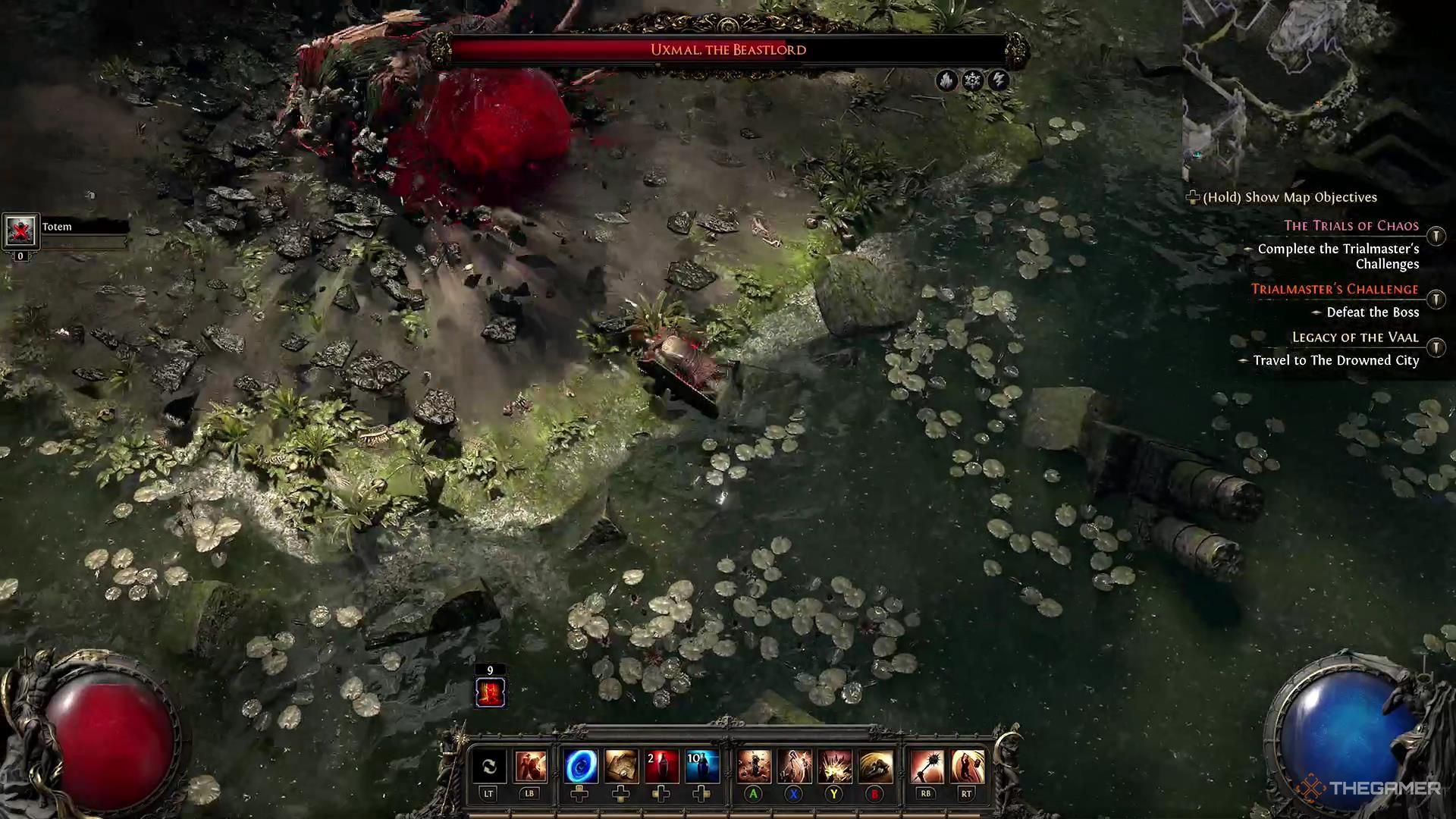 A character dodges a slam attack from Uxmal in Path of Exile 2.