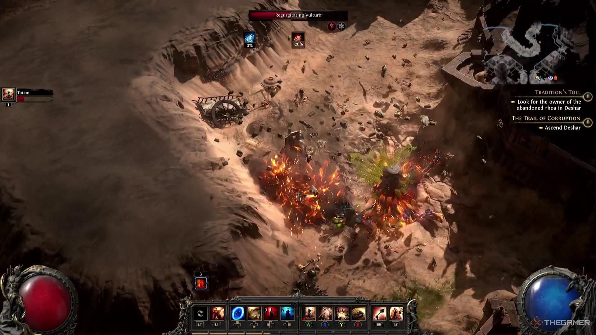 A character fights the desert creature in the path of exile 2.