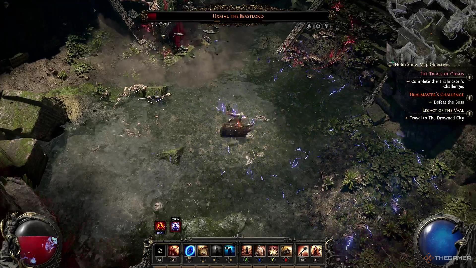 A character rolls away from Uxmal in Path of Exile 2.